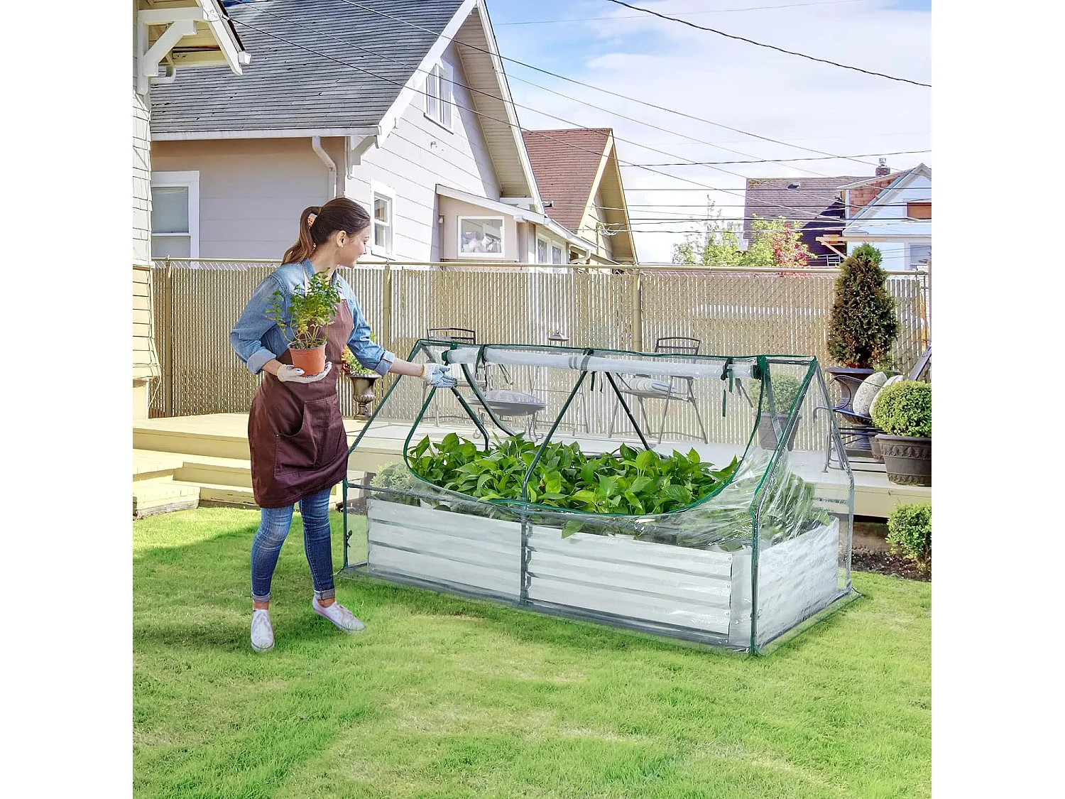 2 en 1 Lit Surélevé de Jardin avec Serre, 2 Fenêtres Enroulables à 2 Niveaux, Chaud et Aéré, Galvanisé, 180 x 90 x 91 cm