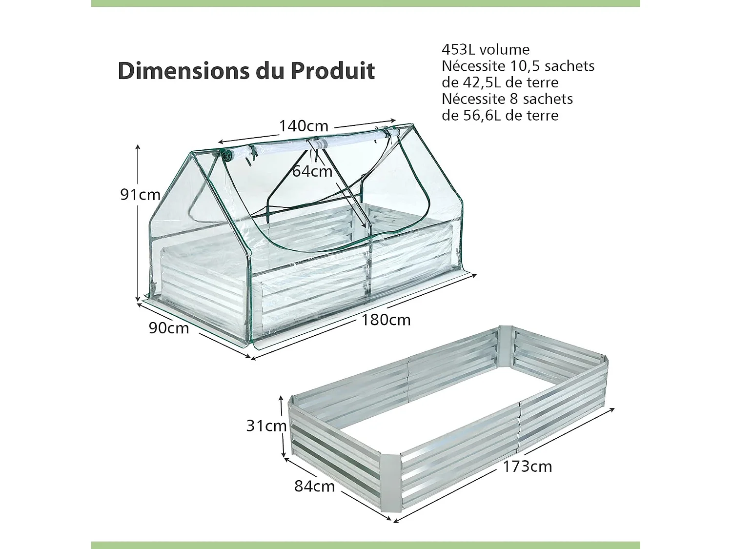 2 en 1 Lit Surélevé de Jardin avec Serre, 2 Fenêtres Enroulables à 2 Niveaux, Chaud et Aéré, Galvanisé, 180 x 90 x 91 cm