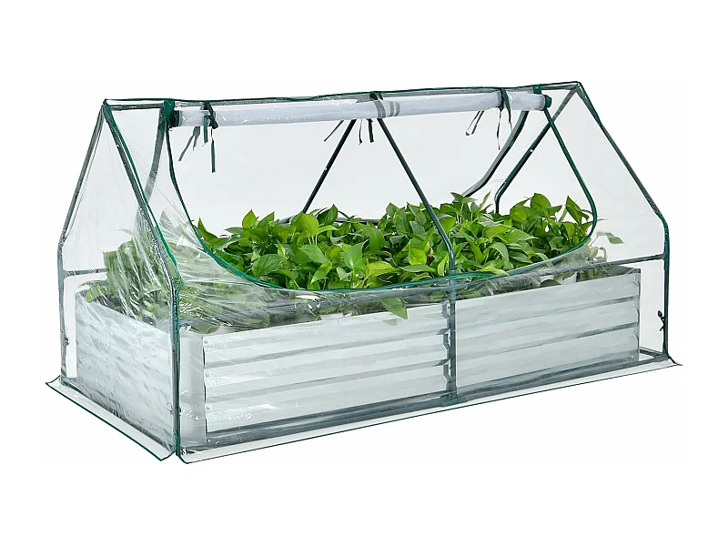 2 en 1 Lit Surélevé de Jardin avec Serre, 2 Fenêtres Enroulables à 2 Niveaux, Chaud et Aéré, Galvanisé, 180 x 90 x 91 cm