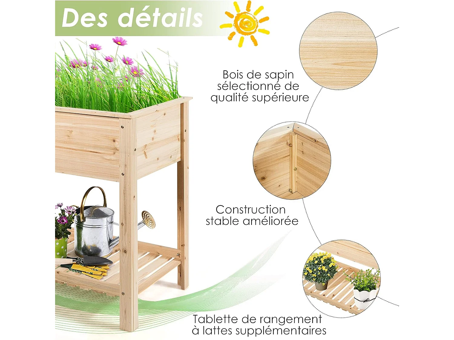 Jardinière Surélevé en Bois avec Étagère, Idéal pour la Croissance des Plantes, Fleurs, Végétaux, 92 x 41x 81 cm