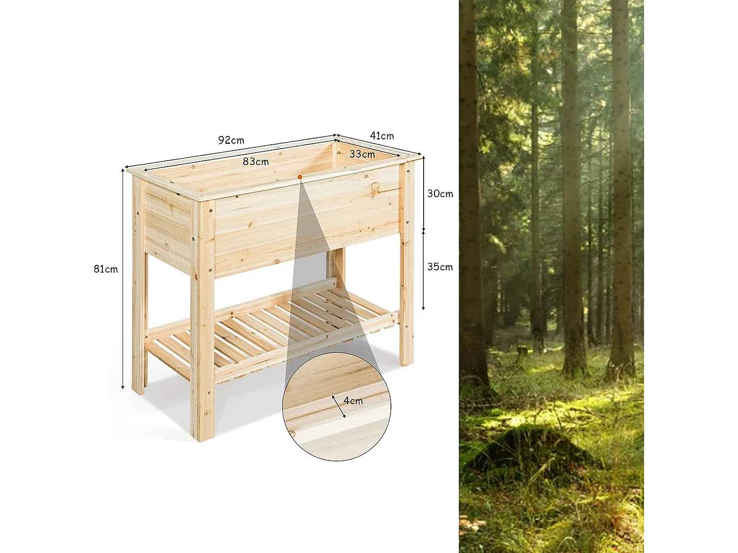 Jardinière Surélevé en Bois avec Étagère, Idéal pour la Croissance des Plantes, Fleurs, Végétaux, 92 x 41x 81 cm