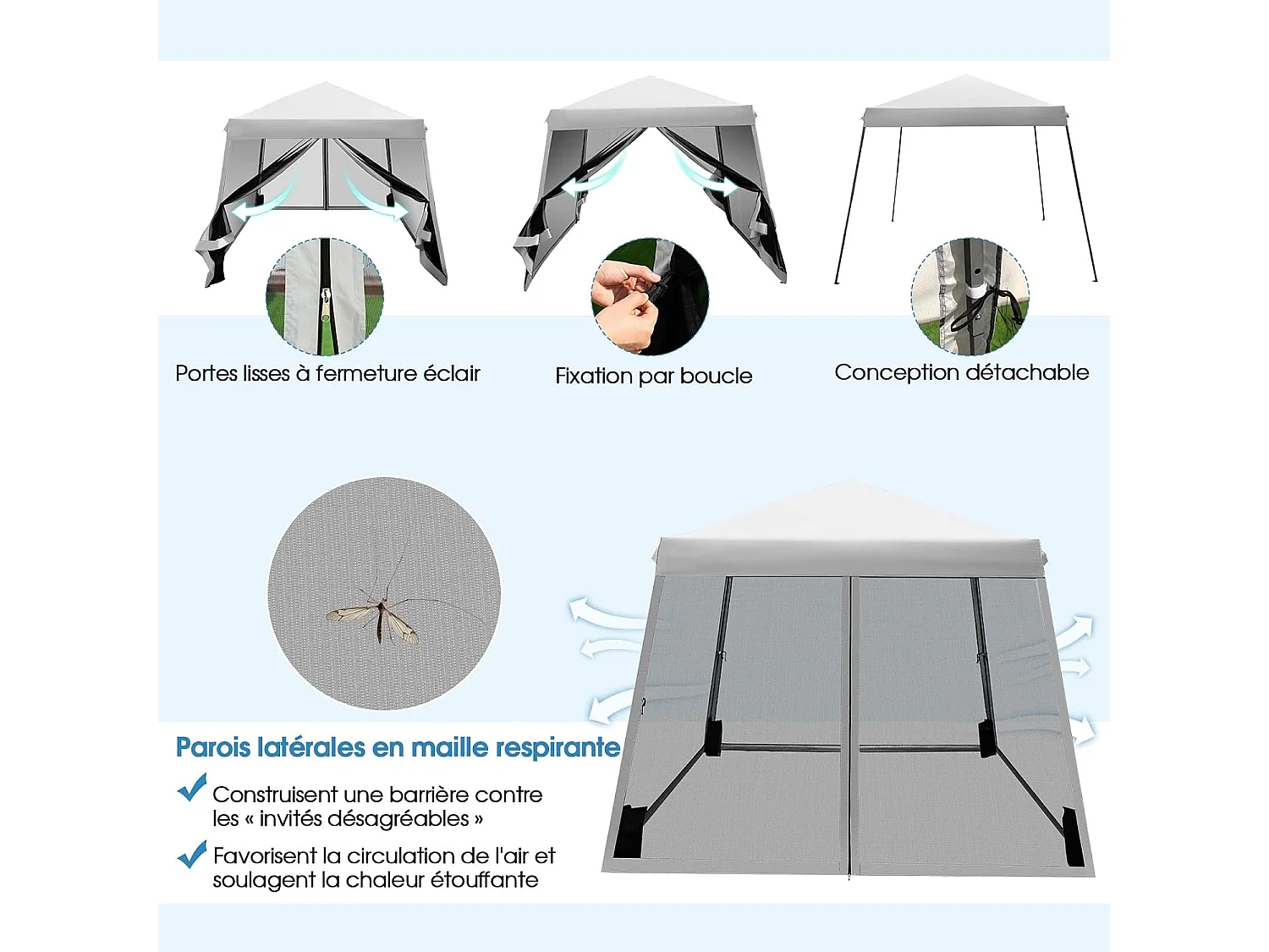 Tonnelle Pliante 3 M x 3 M Imperméable Protection UV/Tente Réglable en Hauteur avec Parois en Maille Sac de Transport pour Patio, CamBoisg (Gris)
