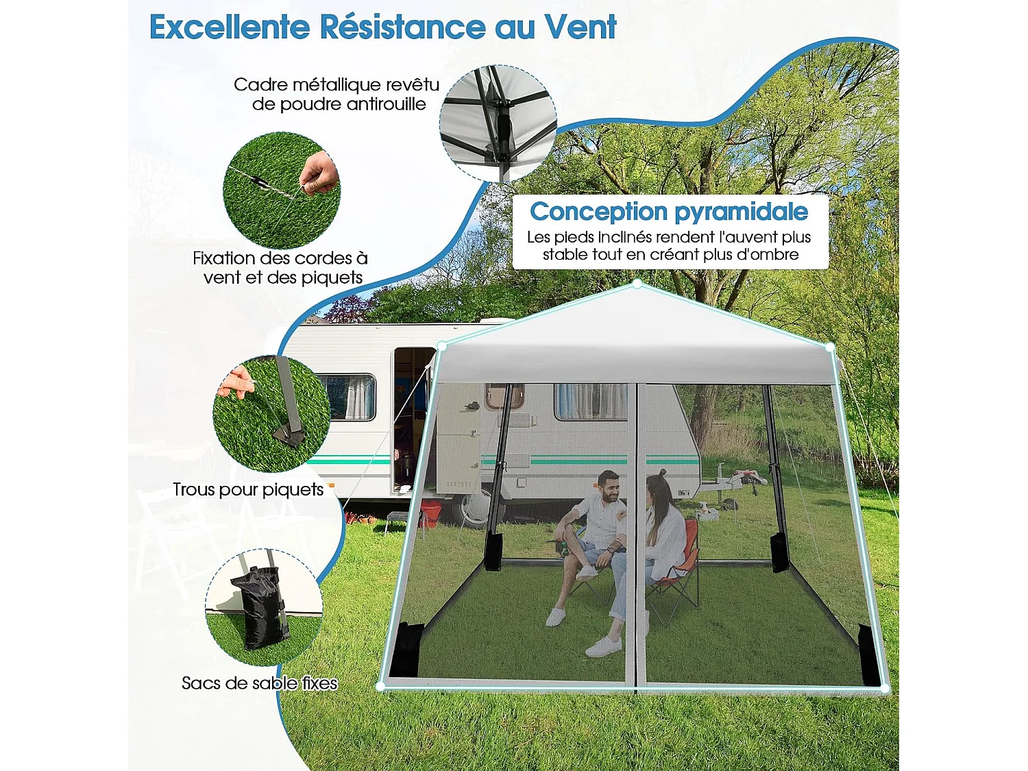 Tonnelle Pliante 3 M x 3 M Imperméable Protection UV/Tente Réglable en Hauteur avec Parois en Maille Sac de Transport pour Patio, CamBoisg (Gris)