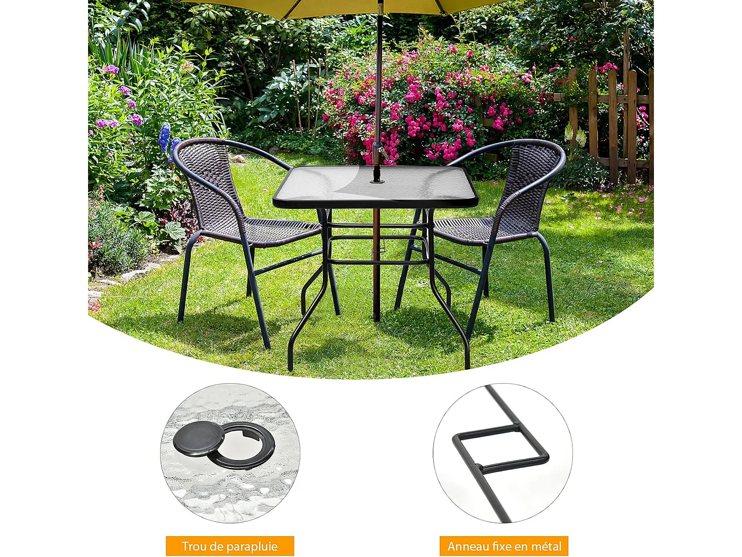 Table de Jardin Carrée en Métal avec Plateau en Verre 81 x 81 x 71 CM de Style Moderne pour Terrasse, Balcon et Cour, Noir