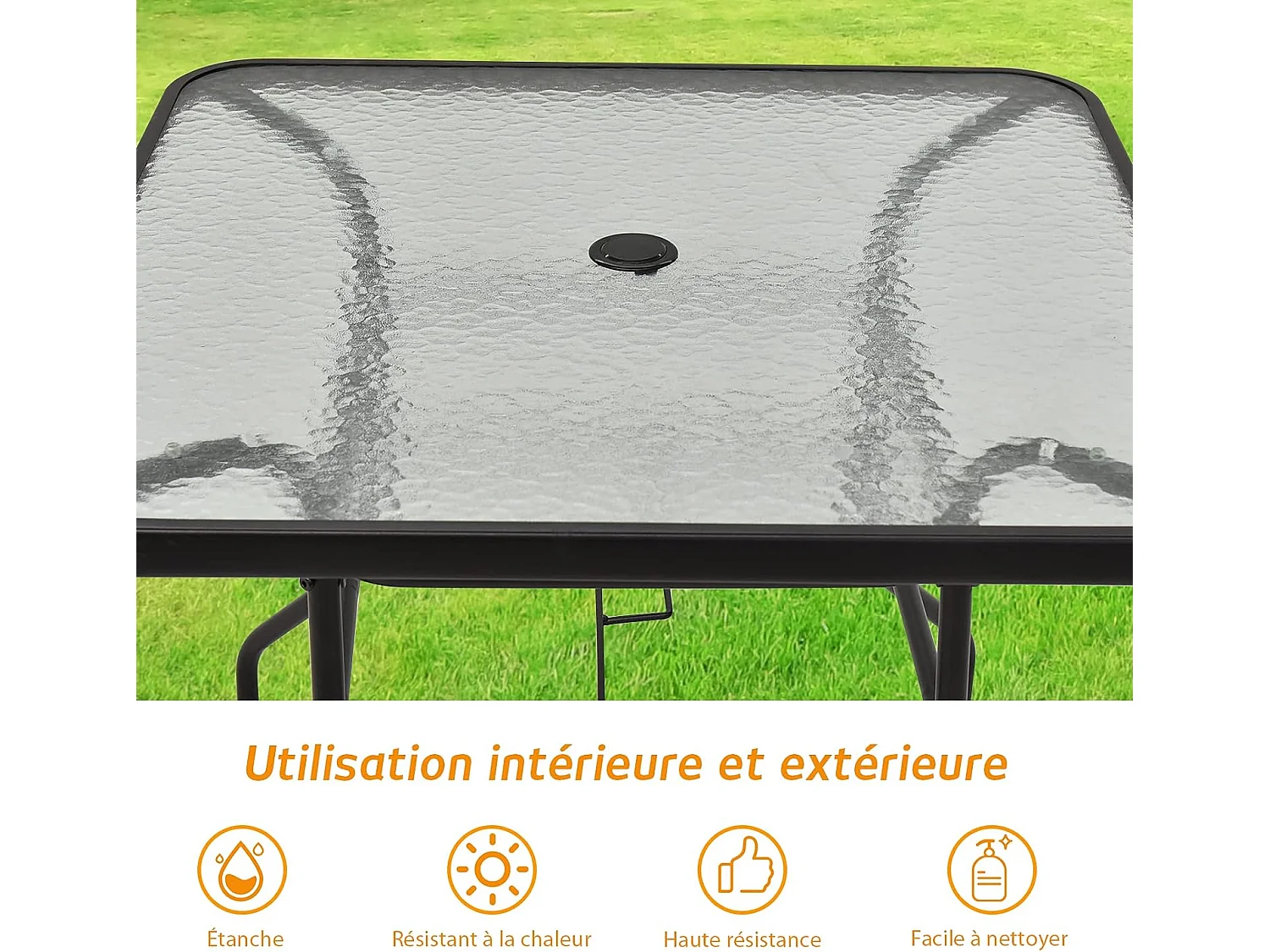 Table de Jardin Carrée en Métal avec Plateau en Verre 81 x 81 x 71 CM de Style Moderne pour Terrasse, Balcon et Cour, Noir
