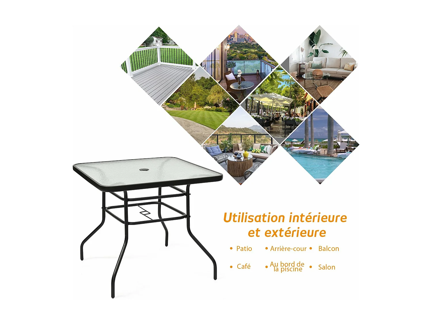 Table de Jardin Carrée en Métal avec Plateau en Verre 81 x 81 x 71 CM de Style Moderne pour Terrasse, Balcon et Cour, Noir