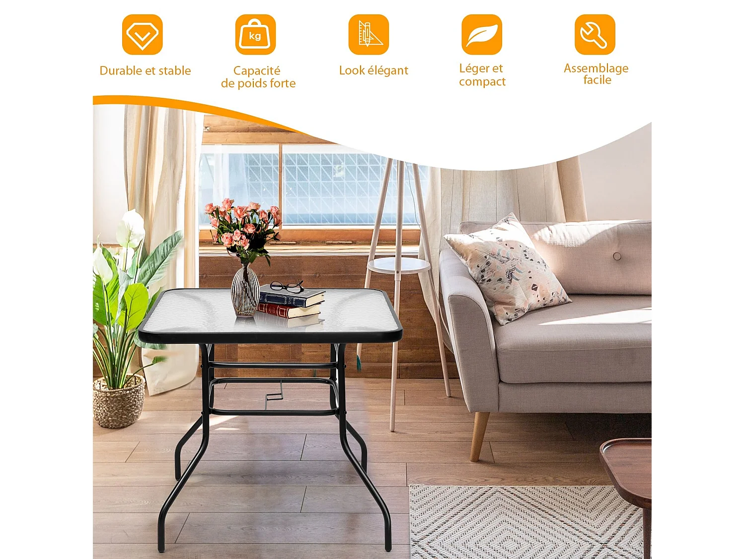 Table de Jardin Carrée en Métal avec Plateau en Verre 81 x 81 x 71 CM de Style Moderne pour Terrasse, Balcon et Cour, Noir