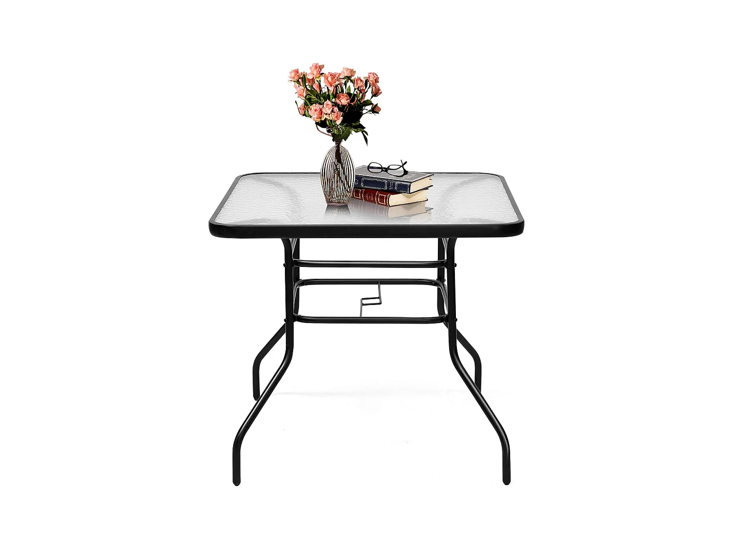 Table de Jardin Carrée en Métal avec Plateau en Verre 81 x 81 x 71 CM de Style Moderne pour Terrasse, Balcon et Cour, Noir