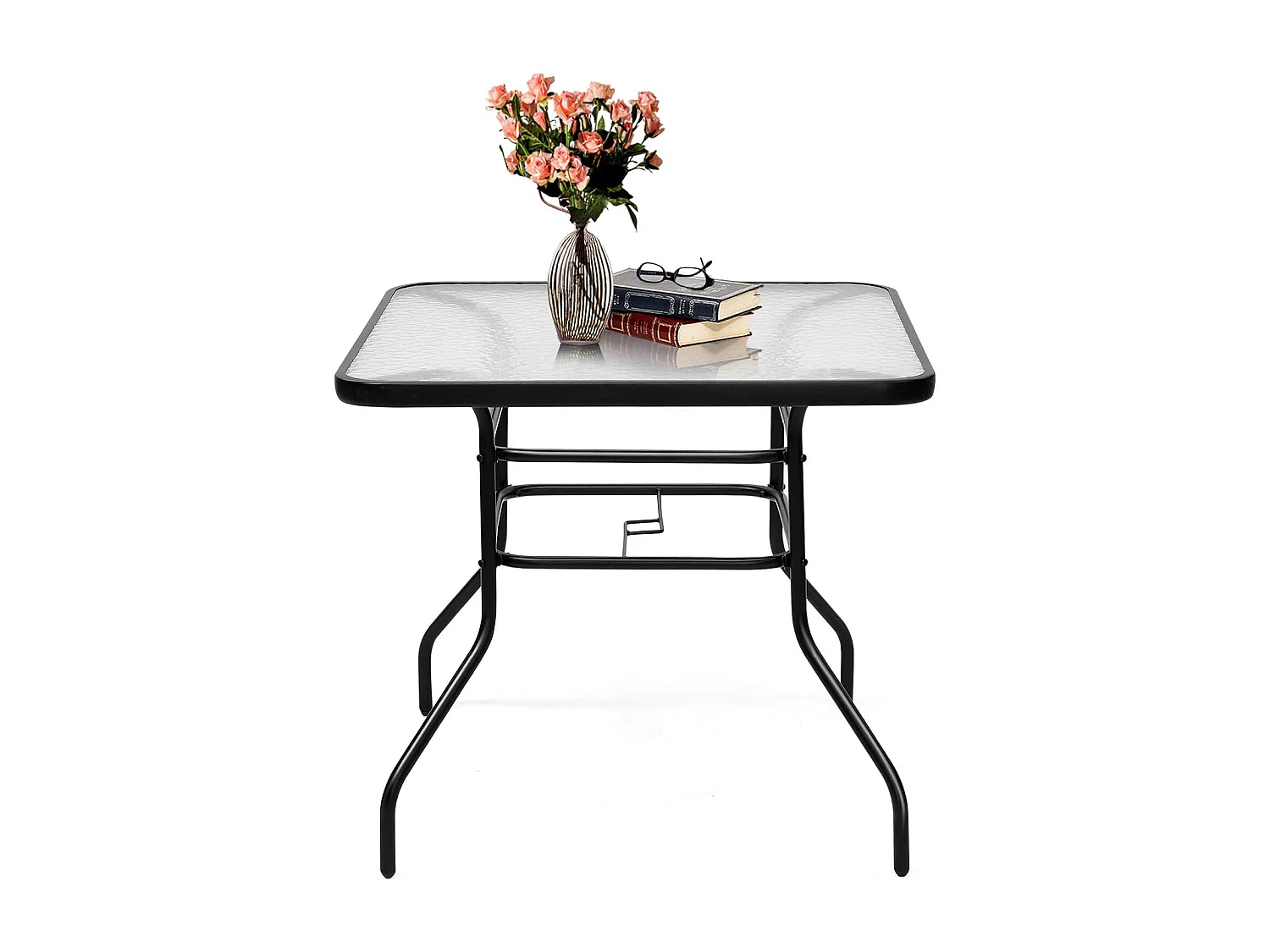 Table de Jardin Carrée en Métal avec Plateau en Verre 81 x 81 x 71 CM de Style Moderne pour Terrasse, Balcon et Cour, Noir