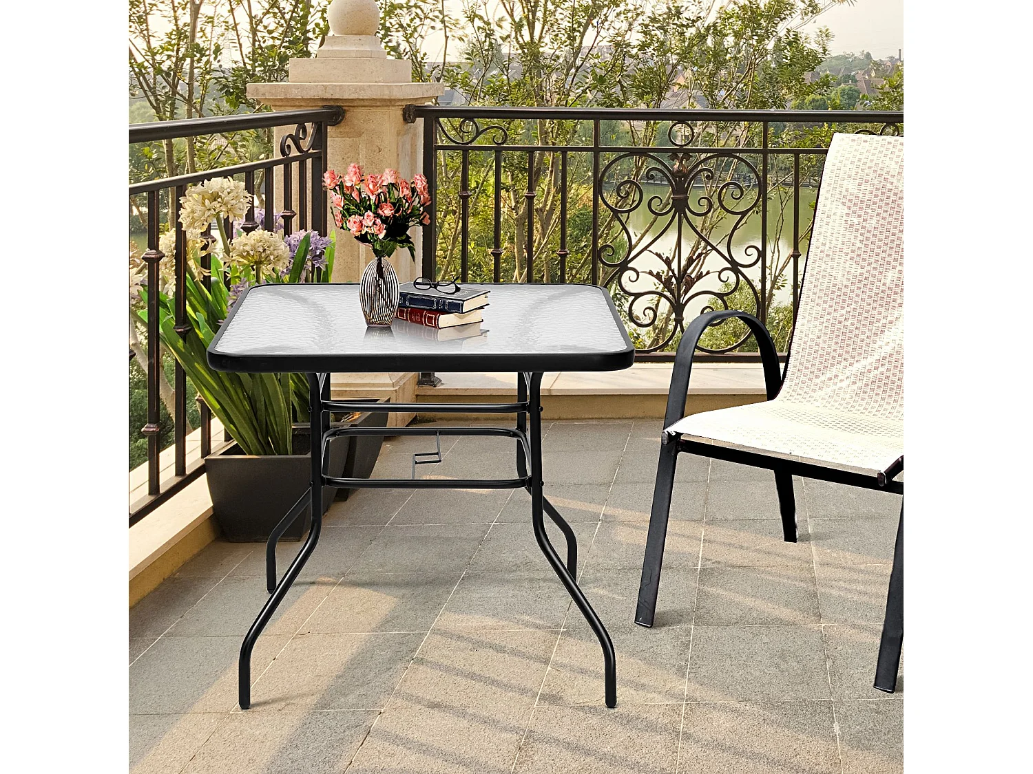 Table de Jardin Carrée en Métal avec Plateau en Verre 81 x 81 x 71 CM de Style Moderne pour Terrasse, Balcon et Cour, Noir