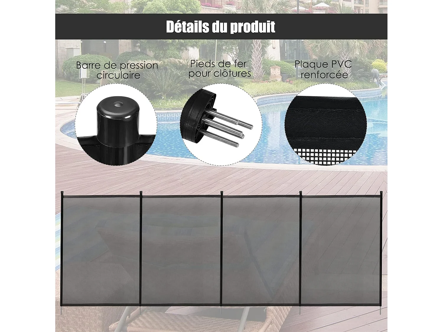 Barrière de Piscine, Barrière de Protection pour Piscine Barriere Filet en Aluminium+Acier Inoxydable+Tissu 366x122 cm Noir
