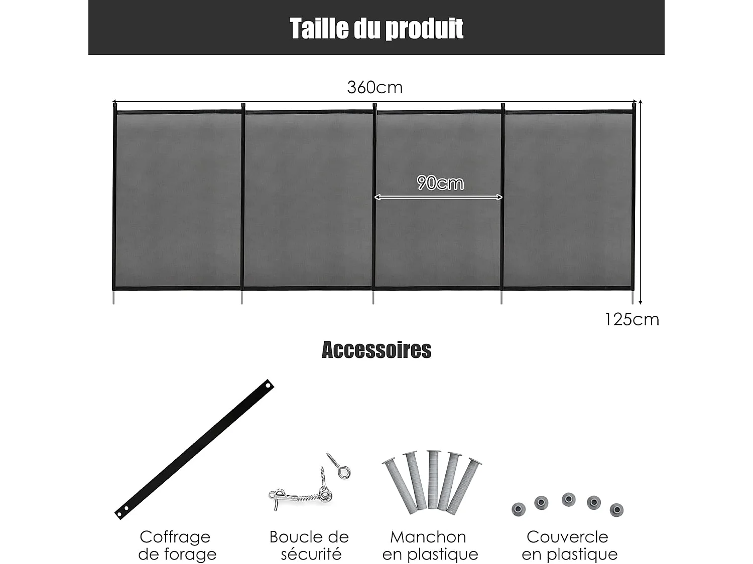 Barrière de Piscine, Barrière de Protection pour Piscine Barriere Filet en Aluminium+Acier Inoxydable+Tissu 366x122 cm Noir