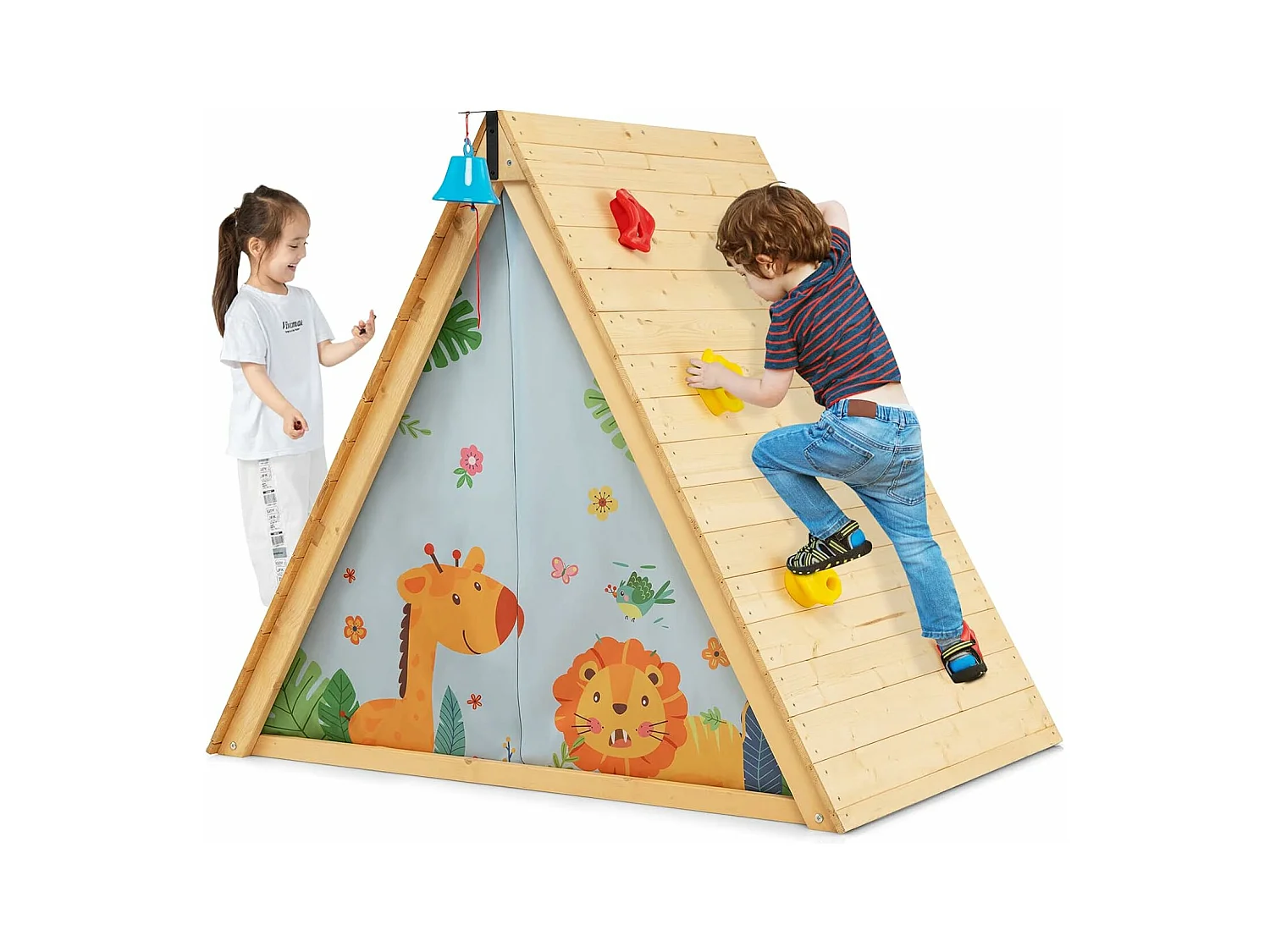 Cabane de Jardin Enfants avec Mur d'escalade, Maison de Jeu 2 en 1 avec Cloche en Bois de SaBois, Exterieur Intérieur, Charge 30KG, Adapté aux 2 Enfants de 3 à 8 Ans, Naturel