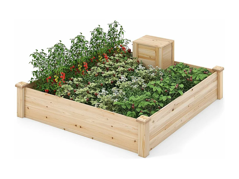Jardinière Surélevée en Bois Base Ouverte, Grand Lit de Jardin Carré avec Bac à Compost pour Légumes Fleurs Herbes, pour Patio Balcon, Naturel, 124 x 124 x 25,5 cm