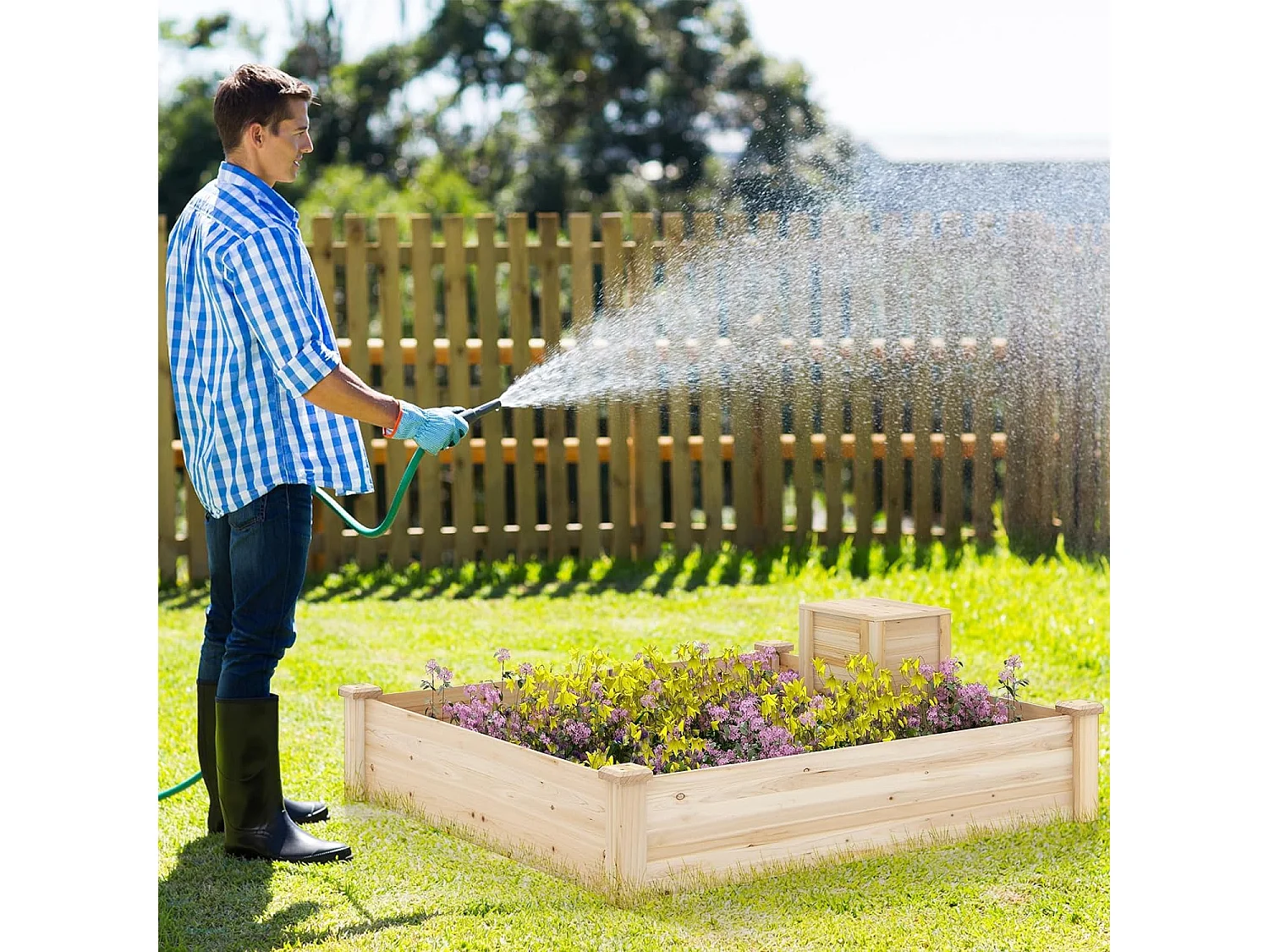 Jardinière Surélevée en Bois Base Ouverte, Grand Lit de Jardin Carré avec Bac à Compost pour Légumes Fleurs Herbes, pour Patio Balcon, Naturel, 124 x 124 x 25,5 cm