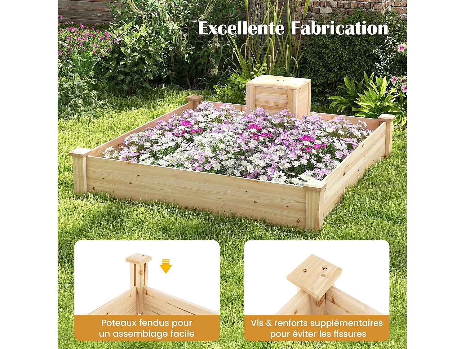 Jardinière Surélevée en Bois Base Ouverte, Grand Lit de Jardin Carré avec Bac à Compost pour Légumes Fleurs Herbes, pour Patio Balcon, Naturel, 124 x 124 x 25,5 cm