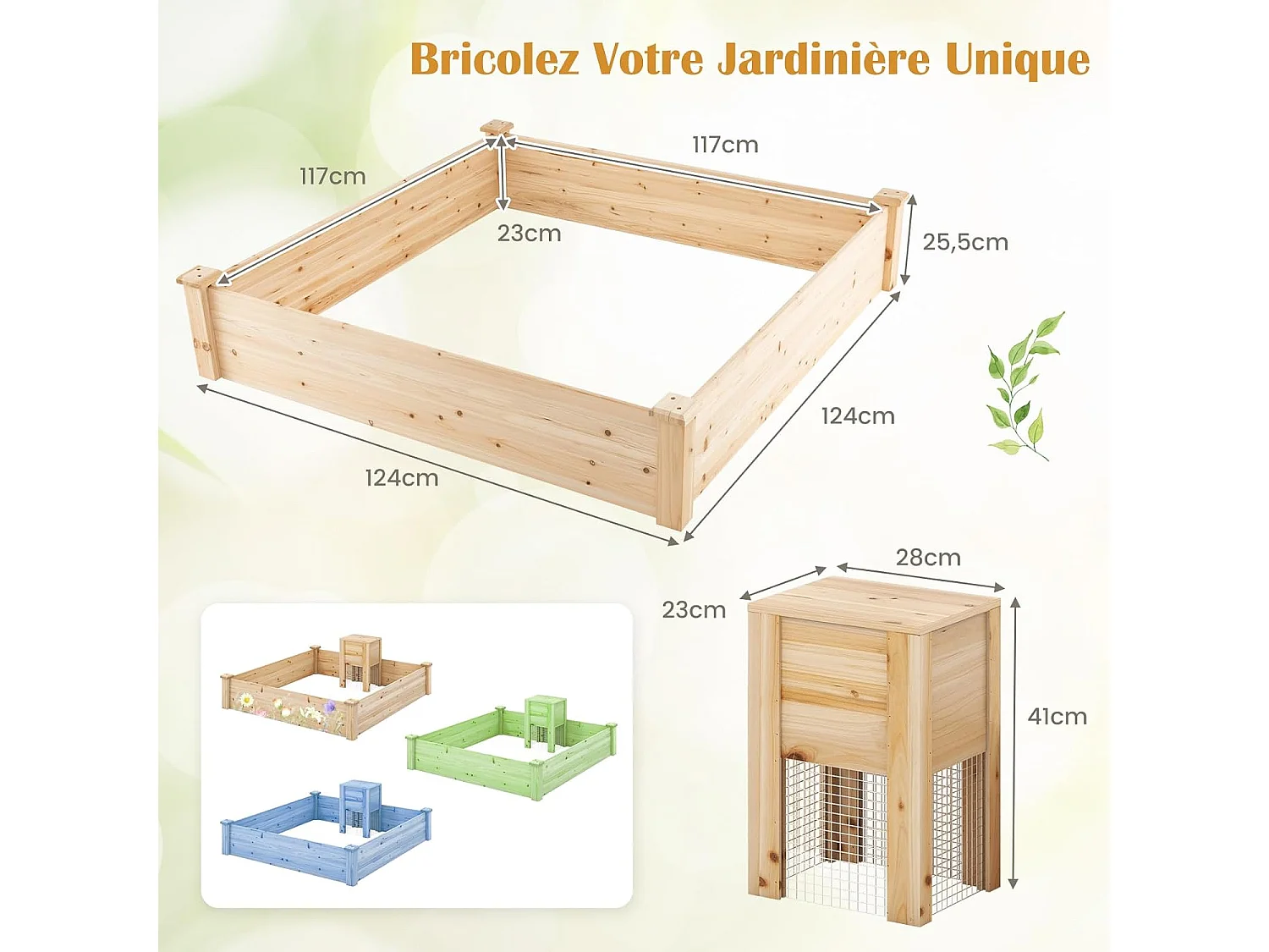 Jardinière Surélevée en Bois Base Ouverte, Grand Lit de Jardin Carré avec Bac à Compost pour Légumes Fleurs Herbes, pour Patio Balcon, Naturel, 124 x 124 x 25,5 cm