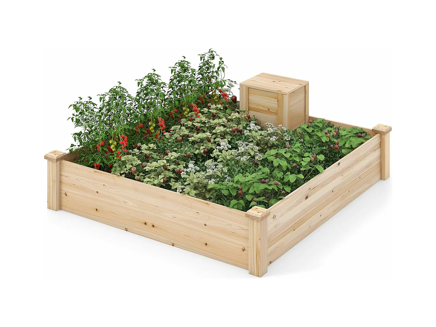 Jardinière Surélevée en Bois Base Ouverte, Grand Lit de Jardin Carré avec Bac à Compost pour Légumes Fleurs Herbes, pour Patio Balcon, Naturel, 124 x 124 x 25,5 cm