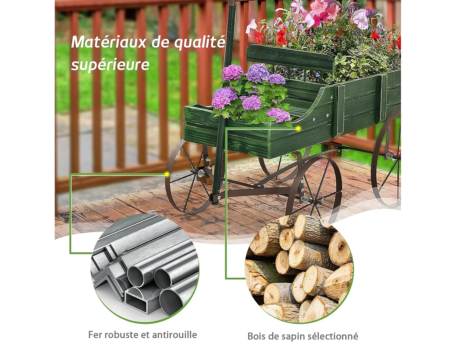 Brouette Décorative en Bois avec 2 Compartiments à Planter Roues Métalliques Poignée Charge 15kg pour Cour Vert