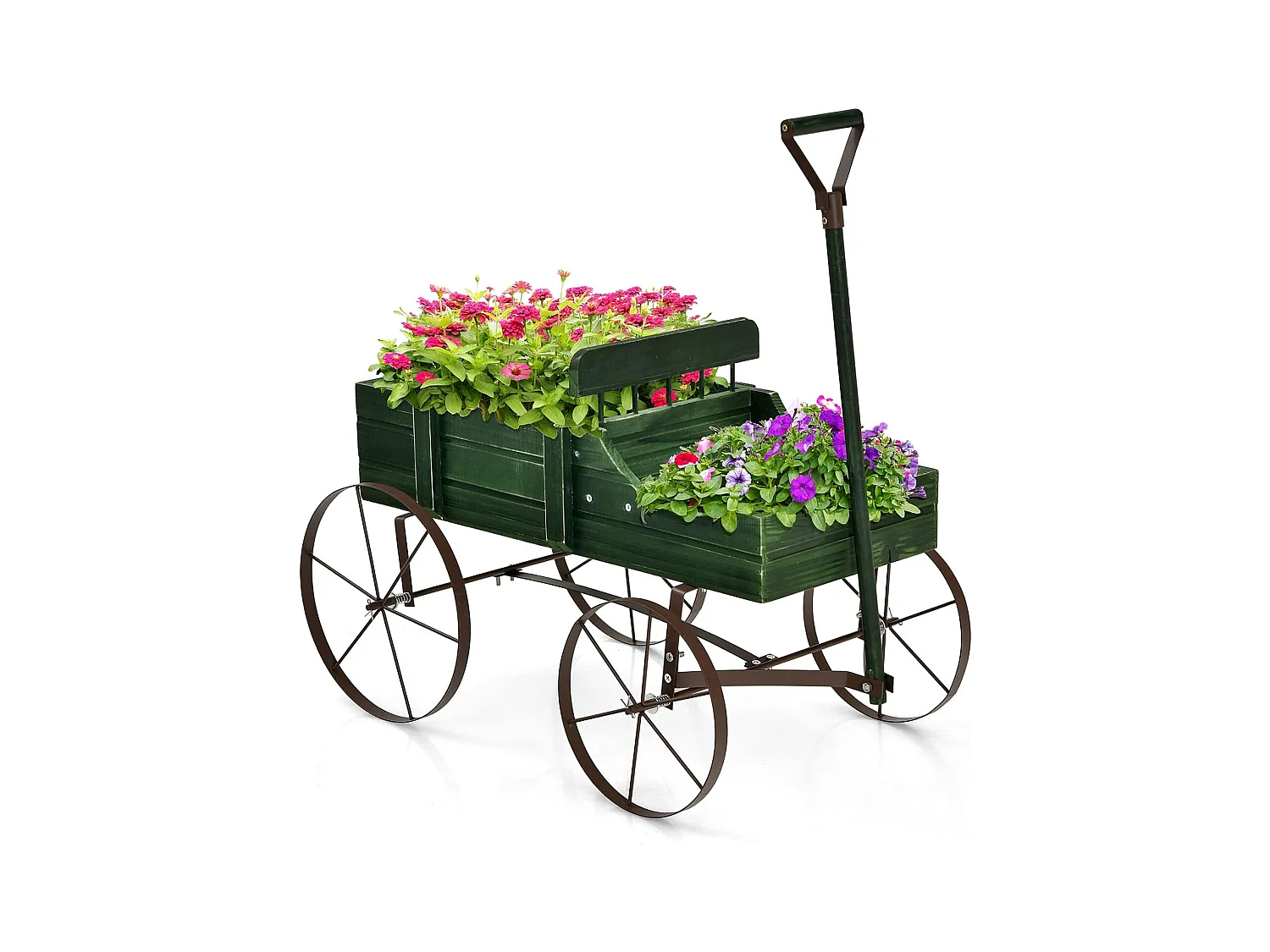 Brouette Décorative en Bois avec 2 Compartiments à Planter Roues Métalliques Poignée Charge 15kg pour Cour Vert