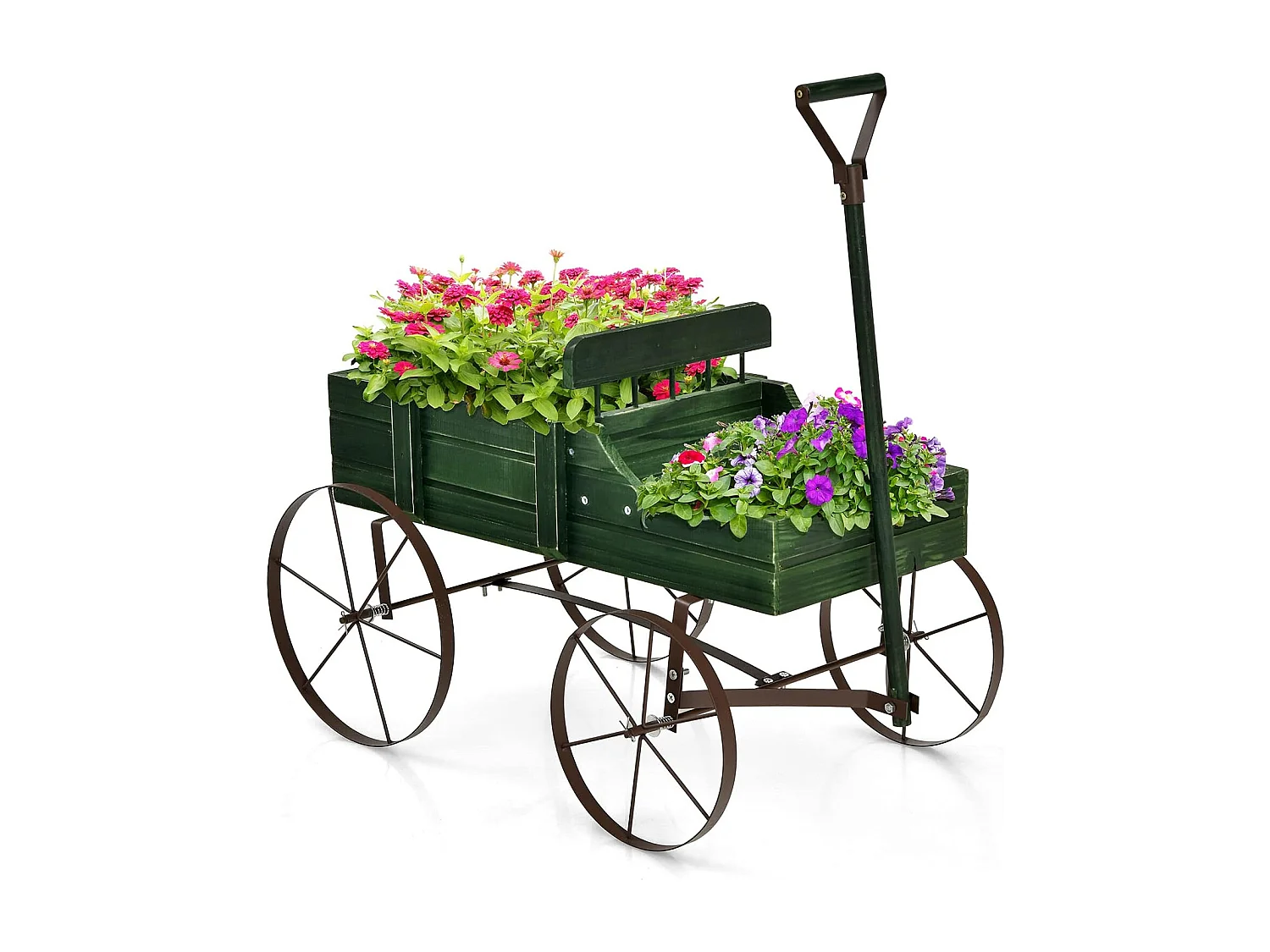 Brouette Décorative en Bois avec 2 Compartiments à Planter Roues Métalliques Poignée Charge 15kg pour Cour Vert