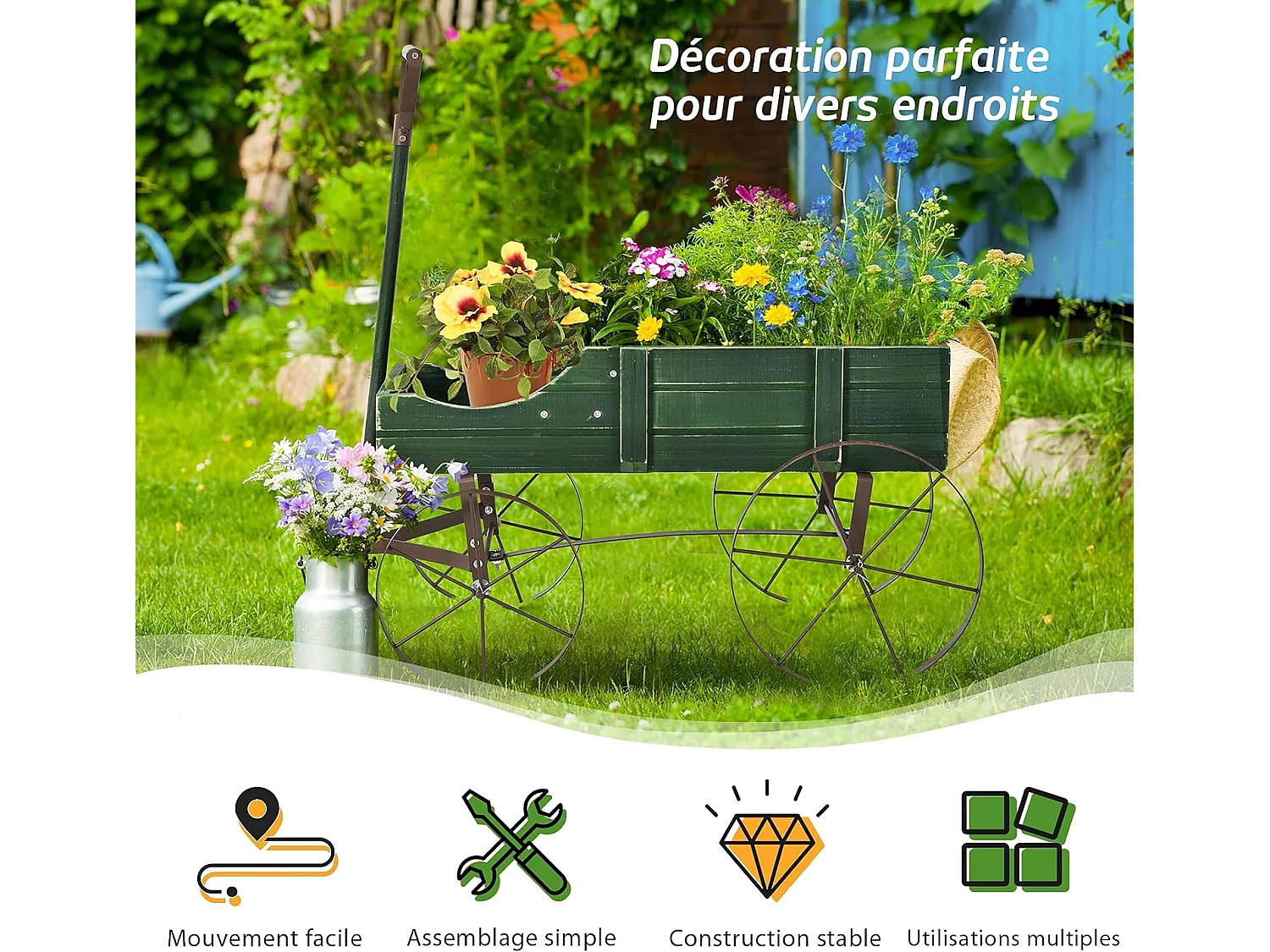 Brouette Décorative en Bois avec 2 Compartiments à Planter Roues Métalliques Poignée Charge 15kg pour Cour Vert