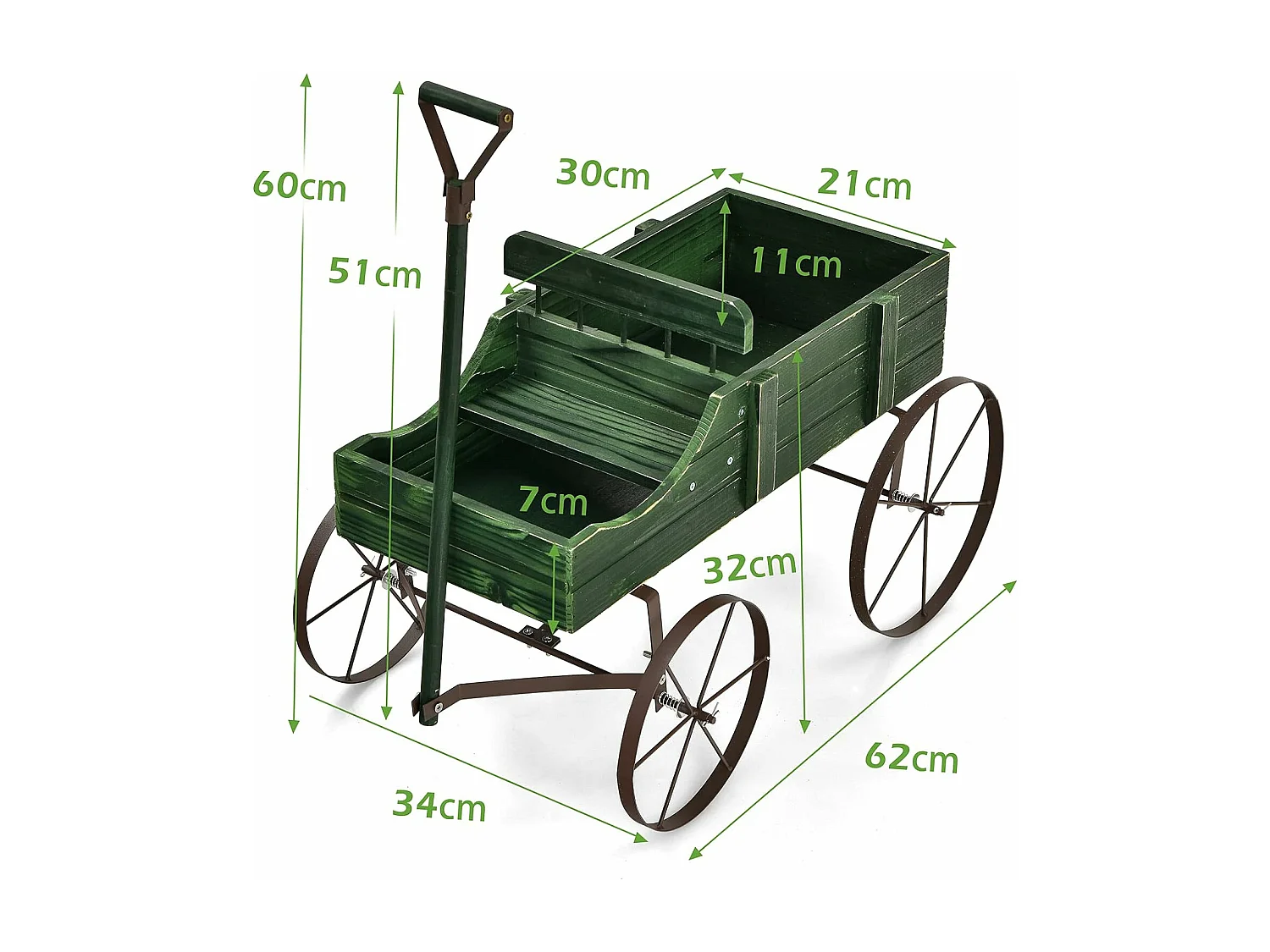 Brouette Décorative en Bois avec 2 Compartiments à Planter Roues Métalliques Poignée Charge 15kg pour Cour Vert