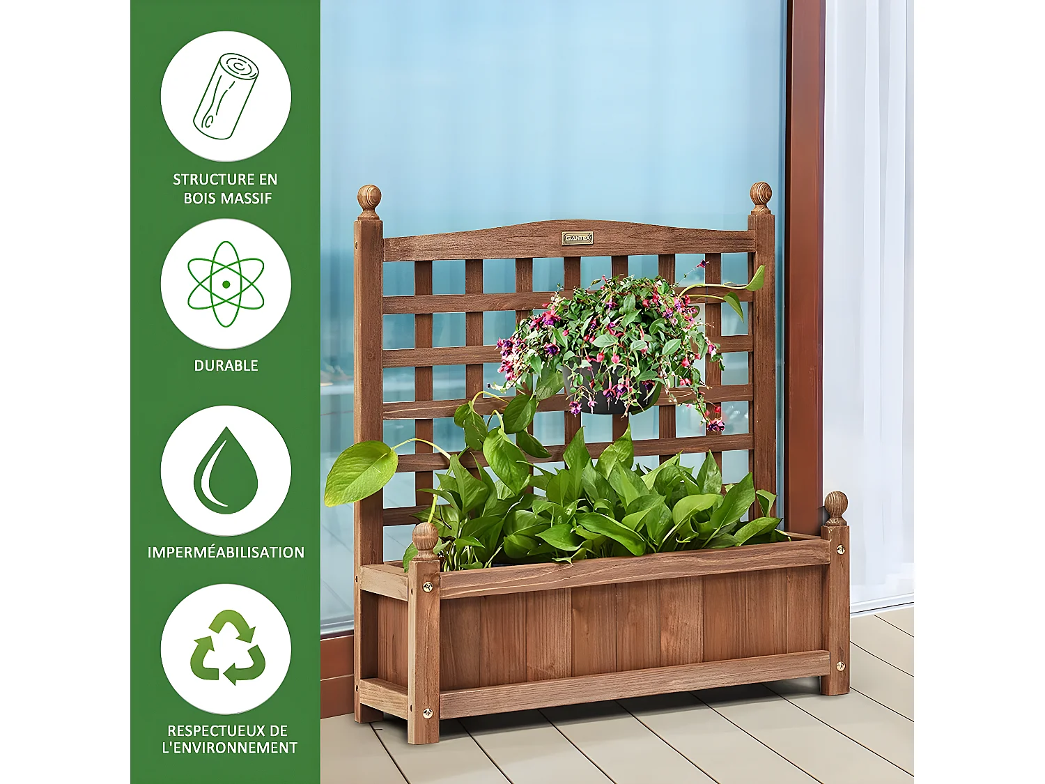 Jardinière avec Treillis en Bois 64,5 x 28 x 75 cm Bac à Fleurs Rectangulaire avec Trous de Drainage pour Jardin Terrasse