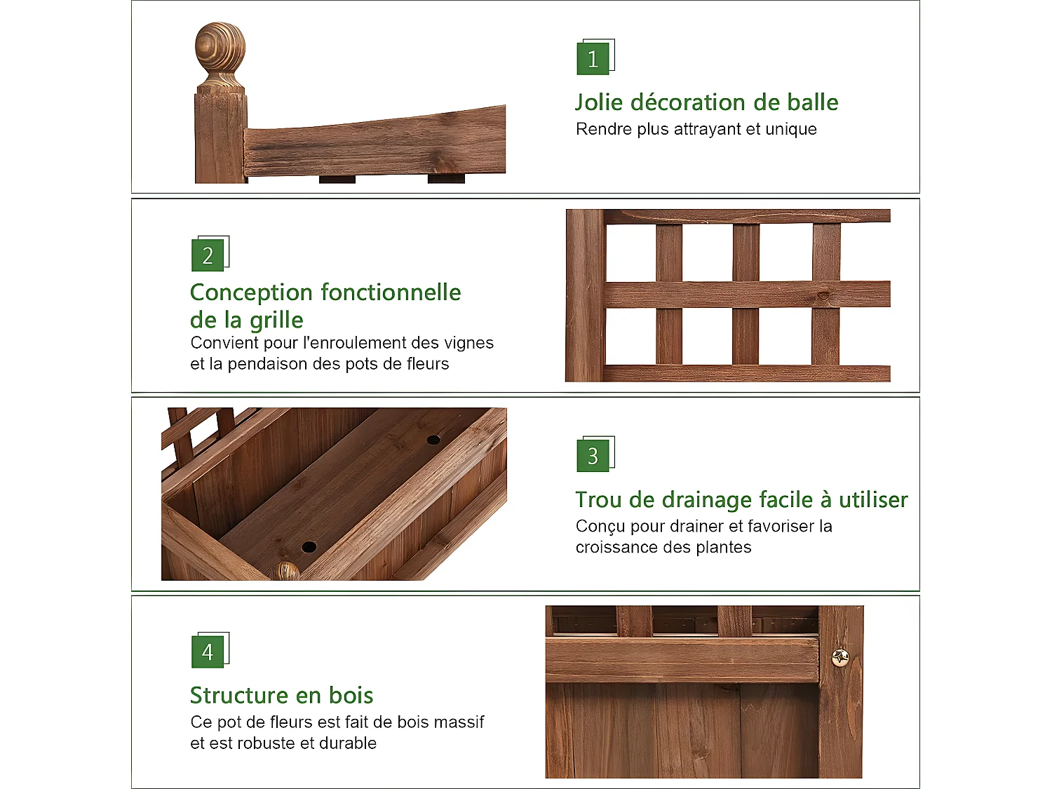 Jardinière avec Treillis en Bois 64,5 x 28 x 75 cm Bac à Fleurs Rectangulaire avec Trous de Drainage pour Jardin Terrasse