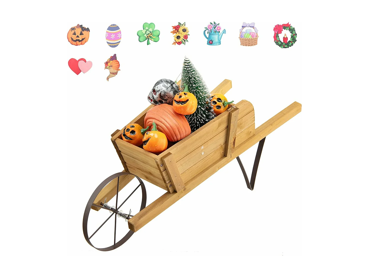 Brouette à Fleurs Jardinière en Bois, Jardinière de Jardin à Roues avec 9 Accessoires Magnétiques 2 Longues Poignées, pour Jardin Terrasse Maison Vacances