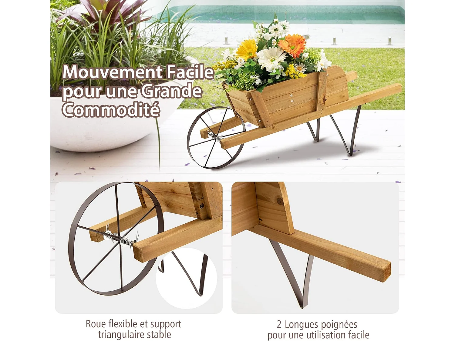 Brouette à Fleurs Jardinière en Bois, Jardinière de Jardin à Roues avec 9 Accessoires Magnétiques 2 Longues Poignées, pour Jardin Terrasse Maison Vacances
