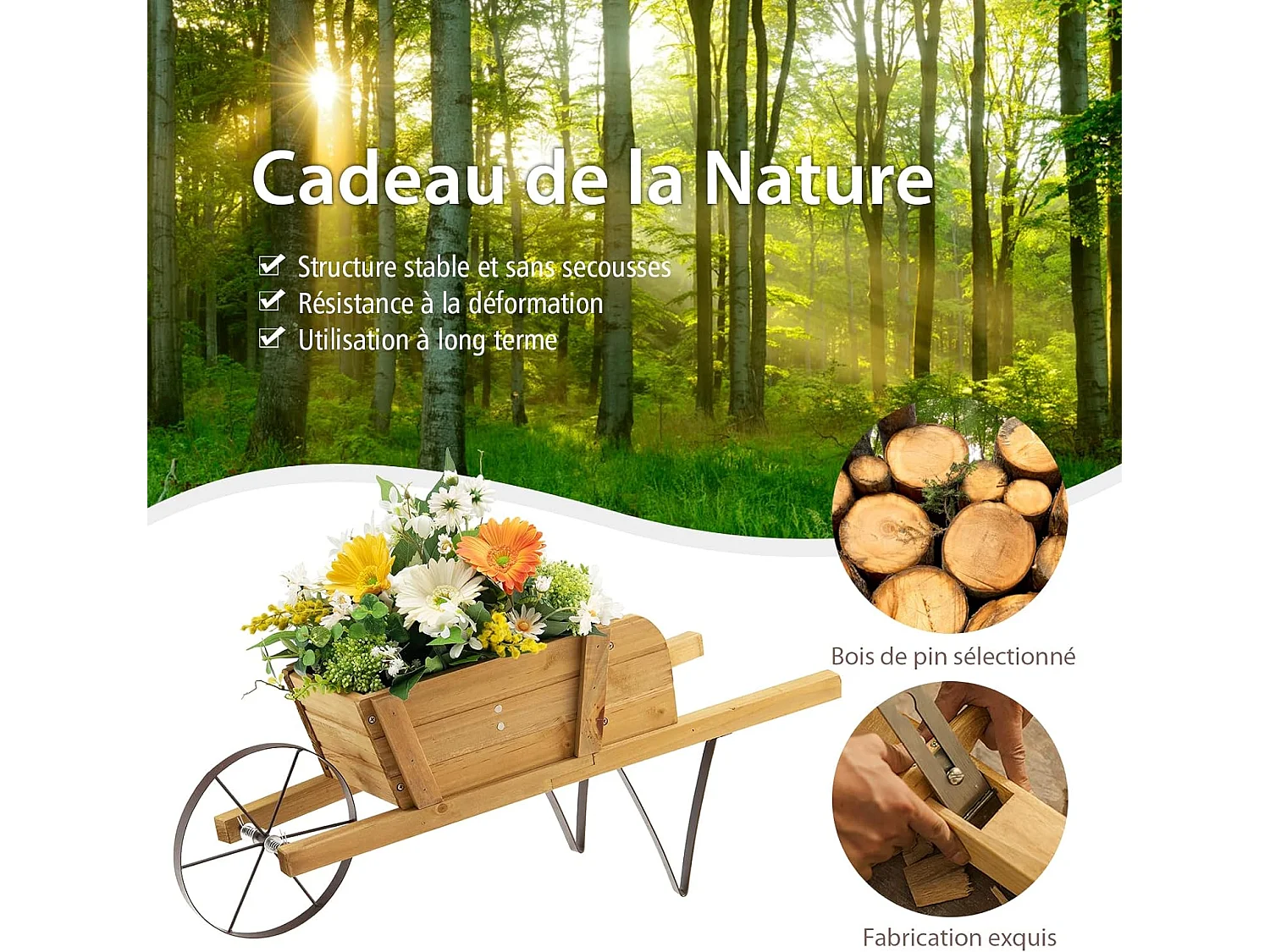 Brouette à Fleurs Jardinière en Bois, Jardinière de Jardin à Roues avec 9 Accessoires Magnétiques 2 Longues Poignées, pour Jardin Terrasse Maison Vacances
