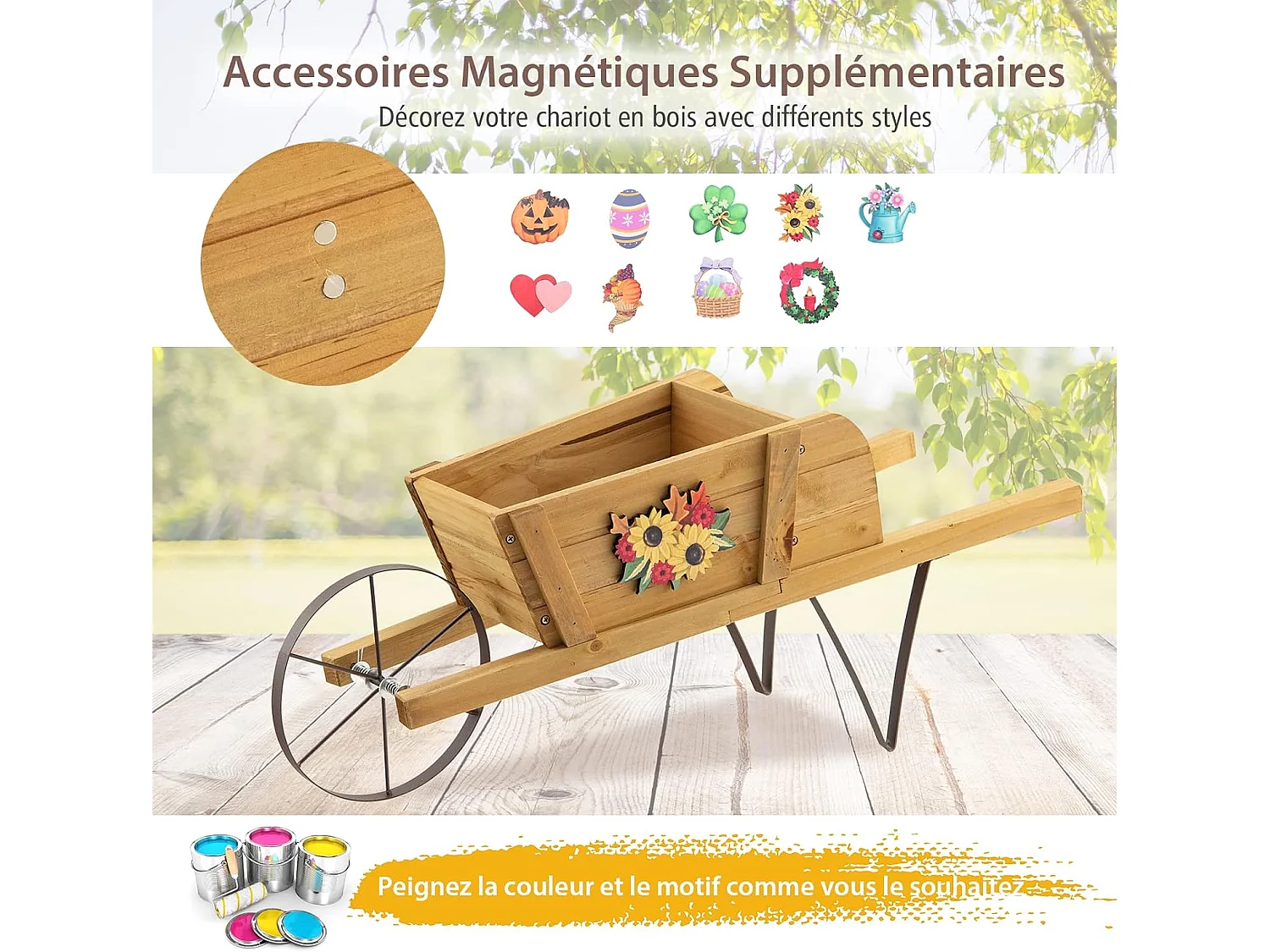 Brouette à Fleurs Jardinière en Bois, Jardinière de Jardin à Roues avec 9 Accessoires Magnétiques 2 Longues Poignées, pour Jardin Terrasse Maison Vacances