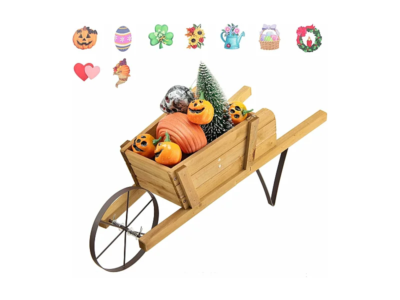 Brouette à Fleurs Jardinière en Bois, Jardinière de Jardin à Roues avec 9 Accessoires Magnétiques 2 Longues Poignées, pour Jardin Terrasse Maison Vacances