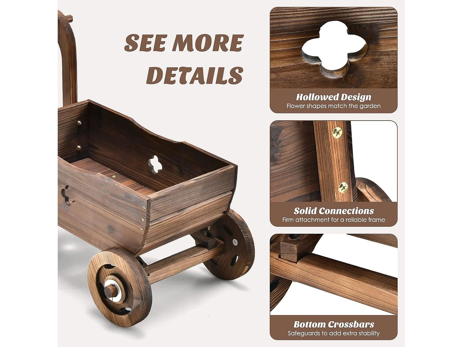 Brouette à Fleurs Jardinière en Bois de Sapin Carbonisé à Roues, Jardinière de Jardin avec Poignée et Trou de Drainage Charge 20KG, pour Patio Jardin Cour, 68 x 38,5 x 53,5 cm