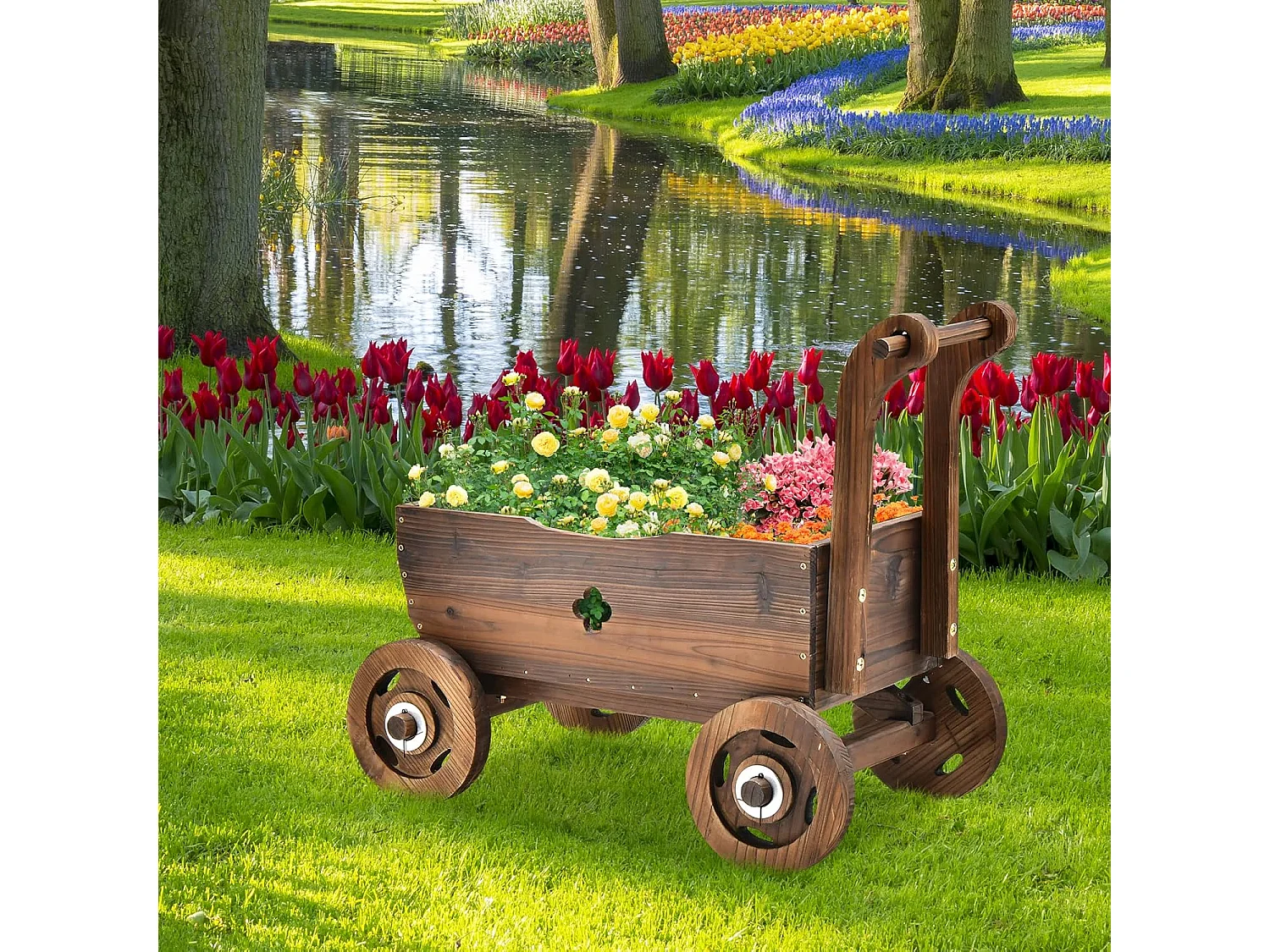Brouette à Fleurs Jardinière en Bois de Sapin Carbonisé à Roues, Jardinière de Jardin avec Poignée et Trou de Drainage Charge 20KG, pour Patio Jardin Cour, 68 x 38,5 x 53,5 cm