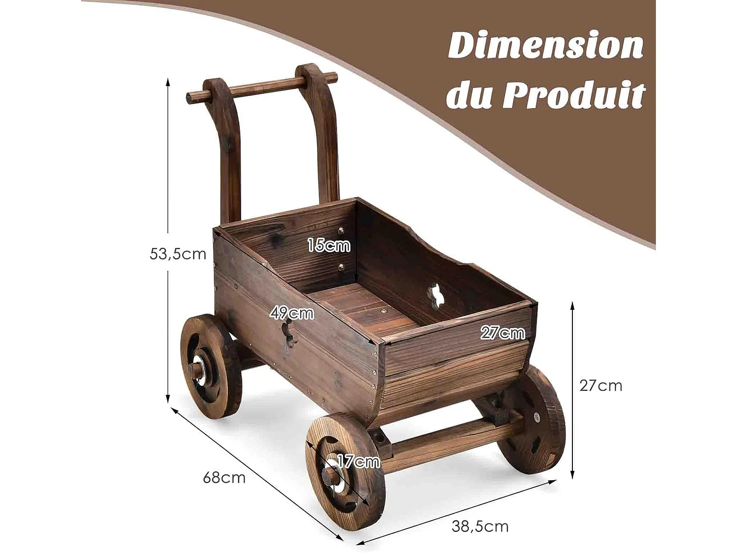 Brouette à Fleurs Jardinière en Bois de Sapin Carbonisé à Roues, Jardinière de Jardin avec Poignée et Trou de Drainage Charge 20KG, pour Patio Jardin Cour, 68 x 38,5 x 53,5 cm