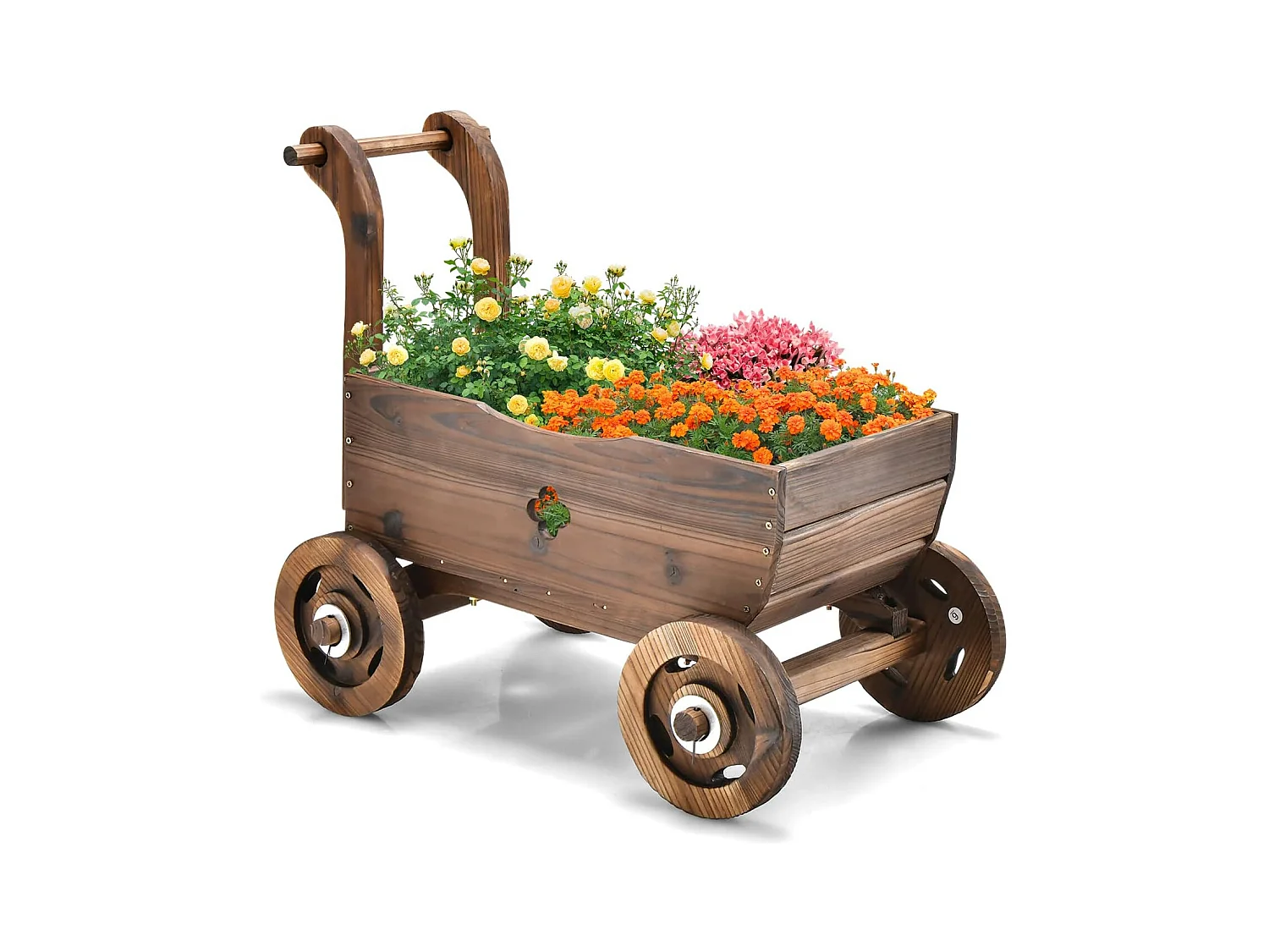 Brouette à Fleurs Jardinière en Bois de Sapin Carbonisé à Roues, Jardinière de Jardin avec Poignée et Trou de Drainage Charge 20KG, pour Patio Jardin Cour, 68 x 38,5 x 53,5 cm