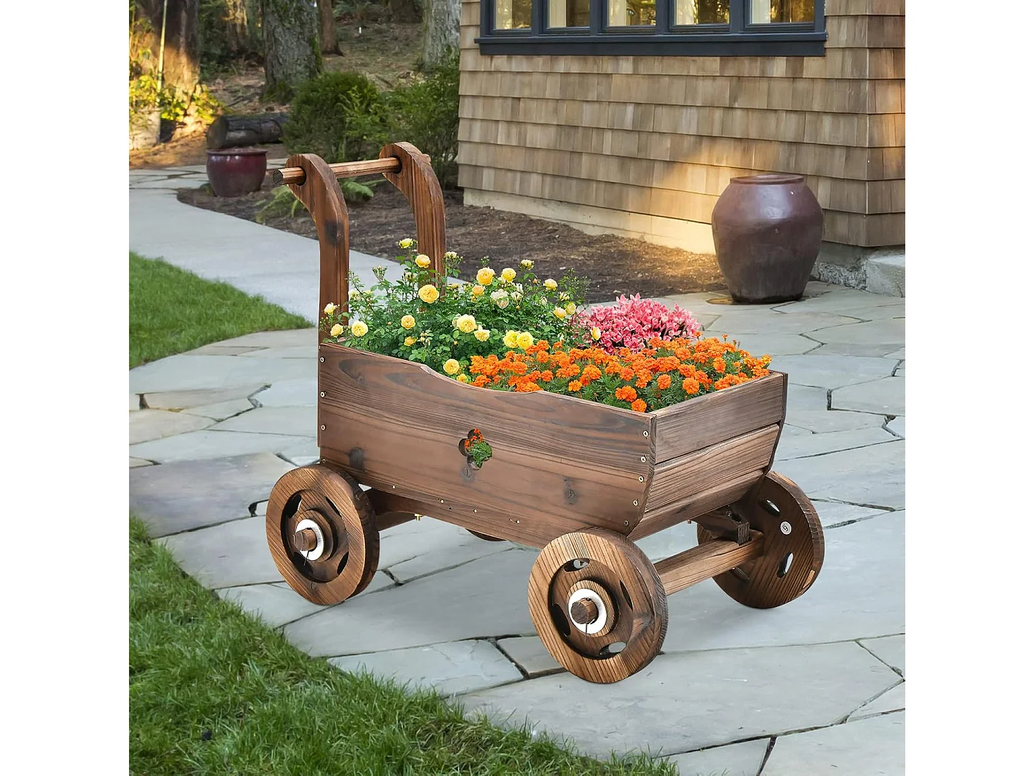 Bloemkruiwagen Gecarboniseerd Houten Plantenbak met Wielen, Tuinplantenbak met Handvat en Afwateringsgat Belasting 20KG, voor Patio Tuin Tuin, 68 x 38,5 x 53,5 cm