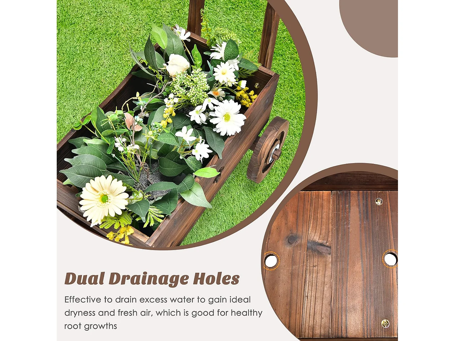 Bloemkruiwagen Gecarboniseerd Houten Plantenbak met Wielen, Tuinplantenbak met Handvat en Afwateringsgat Belasting 20KG, voor Patio Tuin Tuin, 68 x 38,5 x 53,5 cm