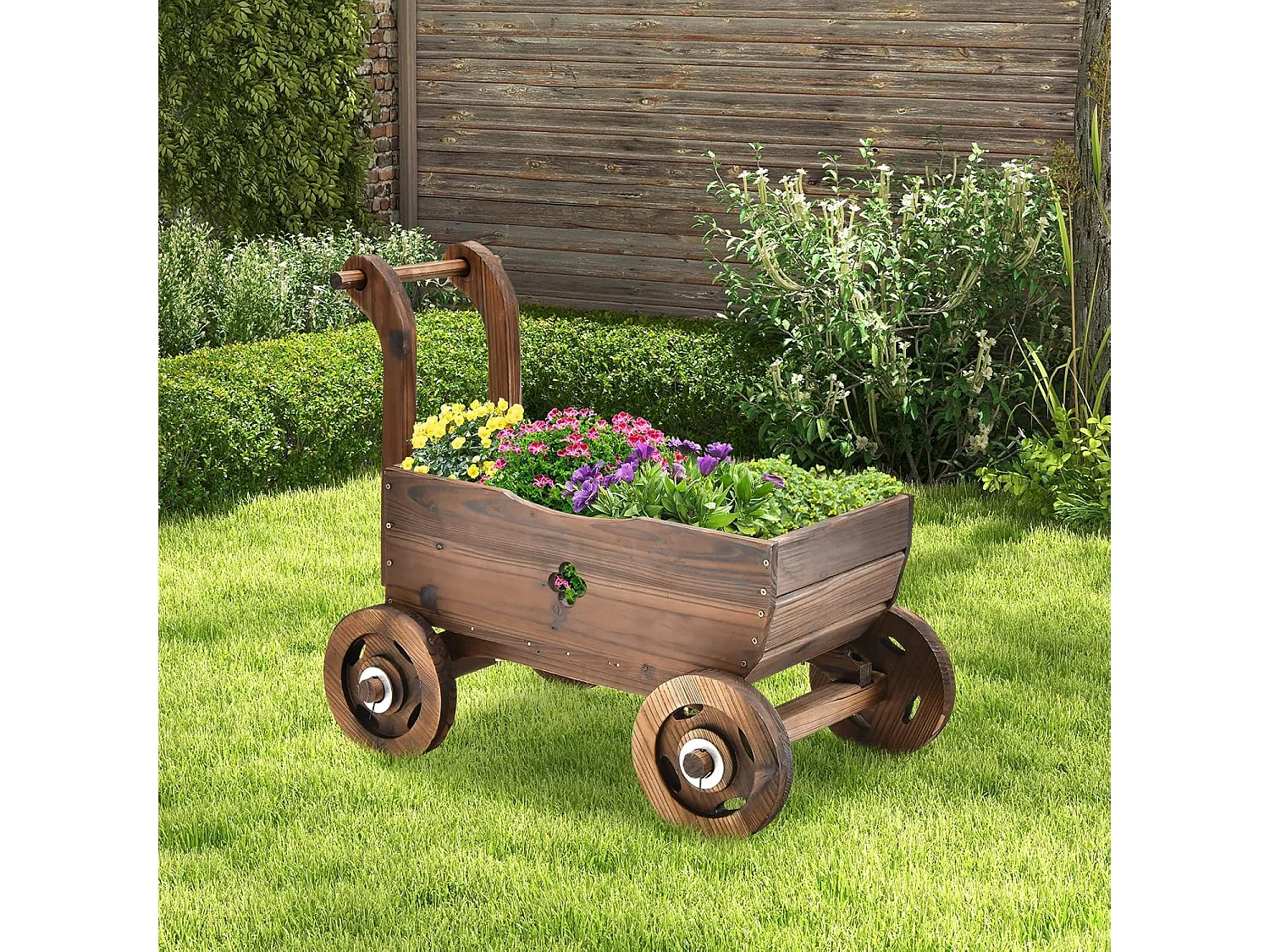 Bloemkruiwagen Gecarboniseerd Houten Plantenbak met Wielen, Tuinplantenbak met Handvat en Afwateringsgat Belasting 20KG, voor Patio Tuin Tuin, 68 x 38,5 x 53,5 cm