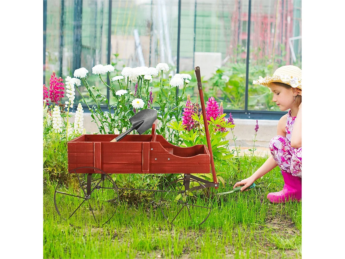 Brouette Décorative en Bois avec 2 Compartiments à Planter Roues Métalliques Poignée Charge 15kg pour Cour（Rouge)