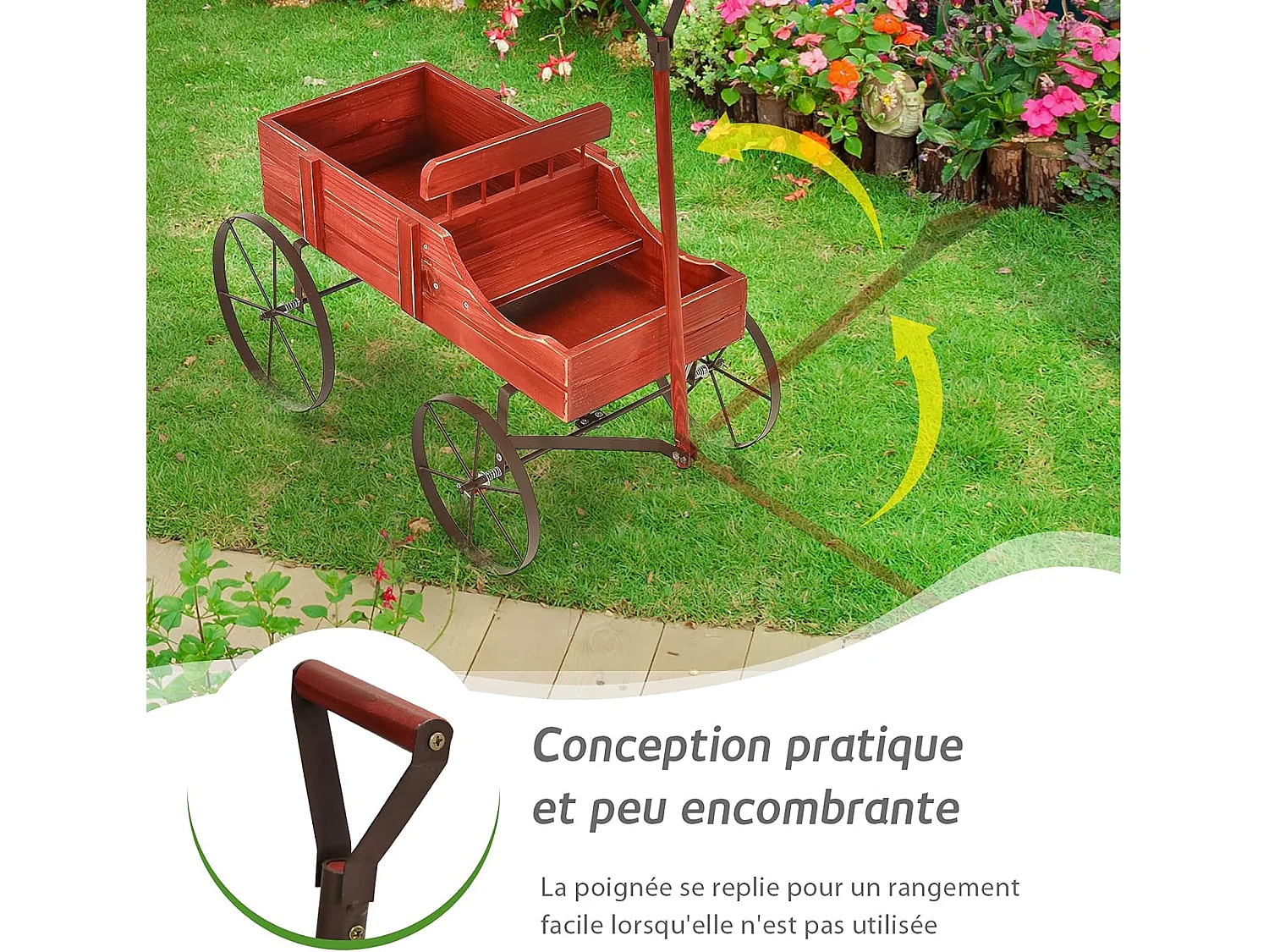 Brouette Décorative en Bois avec 2 Compartiments à Planter Roues Métalliques Poignée Charge 15kg pour Cour（Rouge)