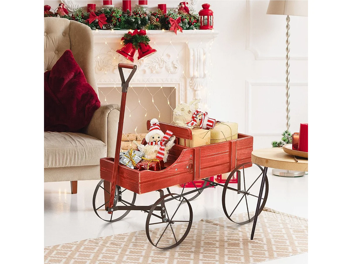 Brouette Décorative en Bois avec 2 Compartiments à Planter Roues Métalliques Poignée Charge 15kg pour Cour（Rouge)