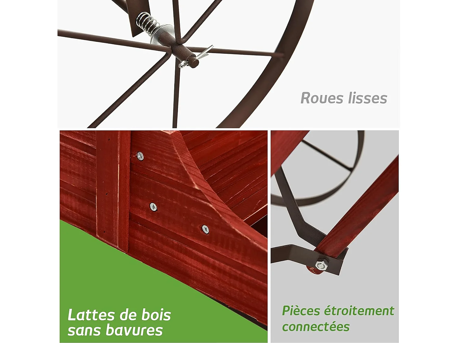 Brouette Décorative en Bois avec 2 Compartiments à Planter Roues Métalliques Poignée Charge 15kg pour Cour（Rouge)