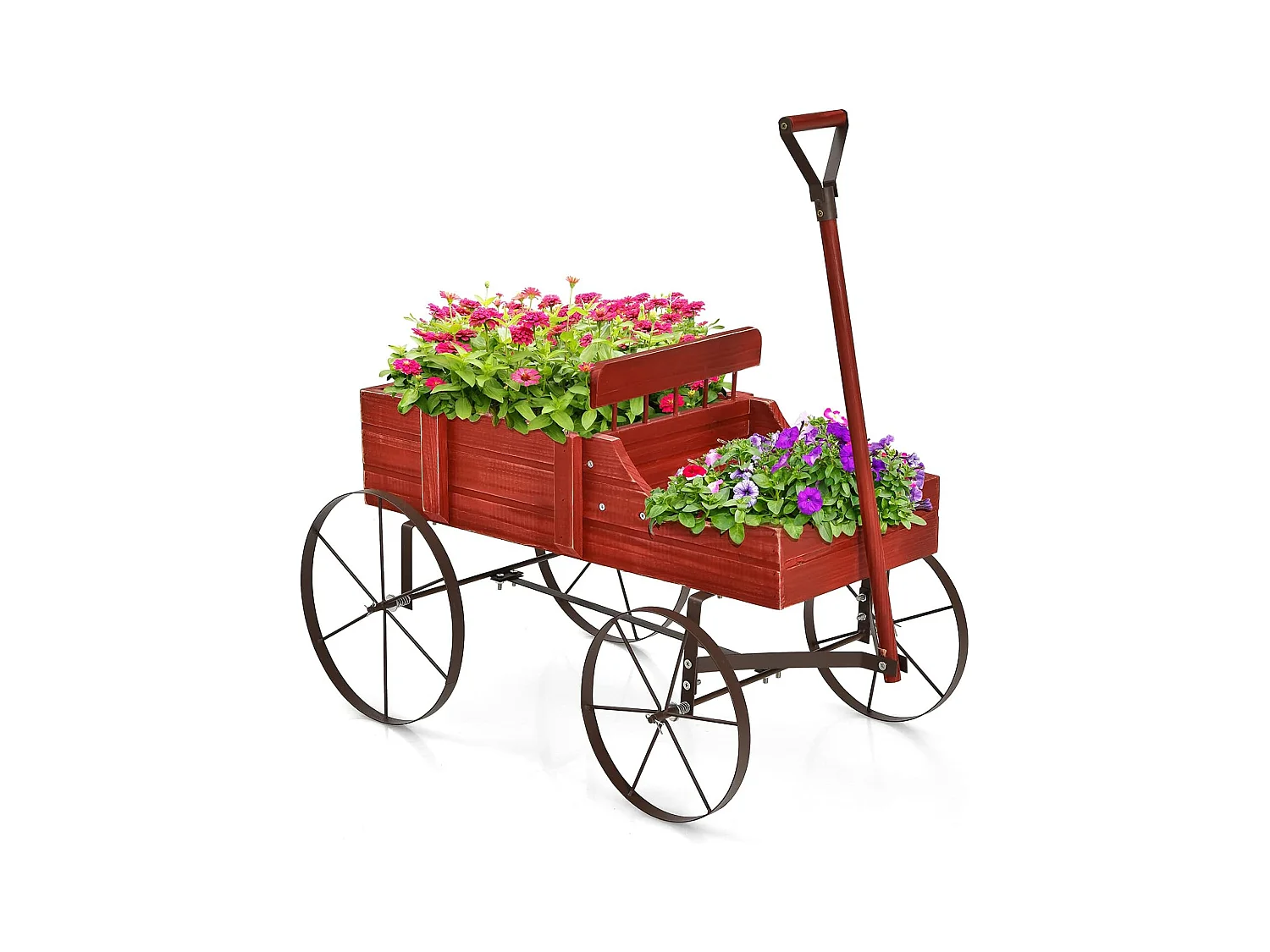 Brouette Décorative en Bois avec 2 Compartiments à Planter Roues Métalliques Poignée Charge 15kg pour Cour（Rouge)