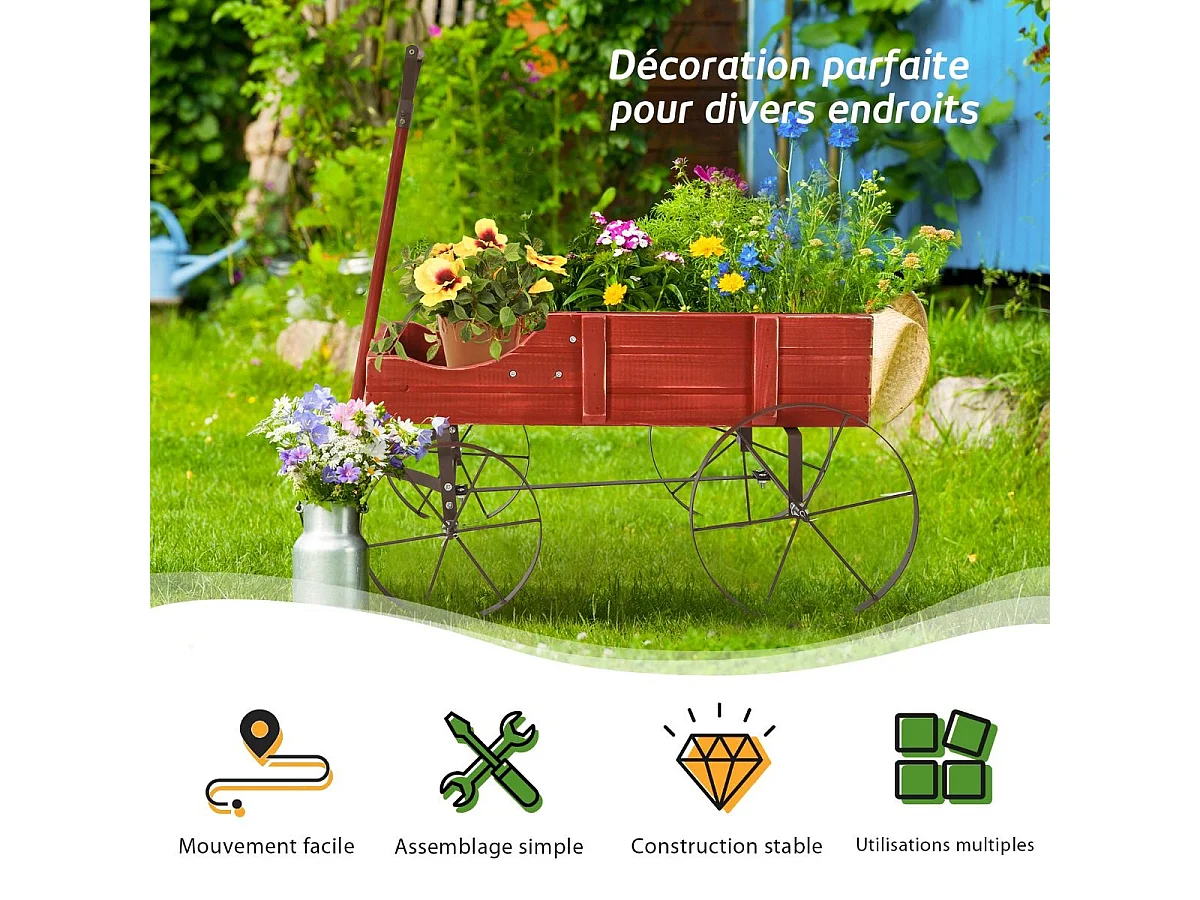 Brouette Décorative en Bois avec 2 Compartiments à Planter Roues Métalliques Poignée Charge 15kg pour Cour（Rouge)