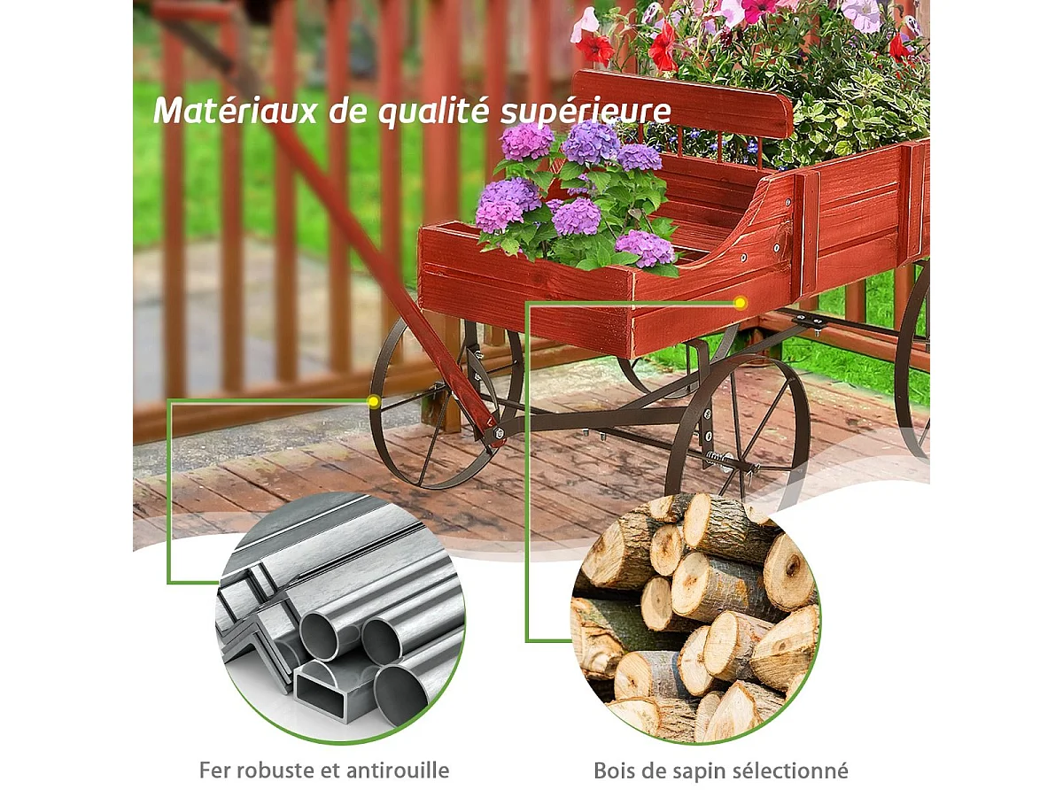 Brouette Décorative en Bois avec 2 Compartiments à Planter Roues Métalliques Poignée Charge 15kg pour Cour（Rouge)