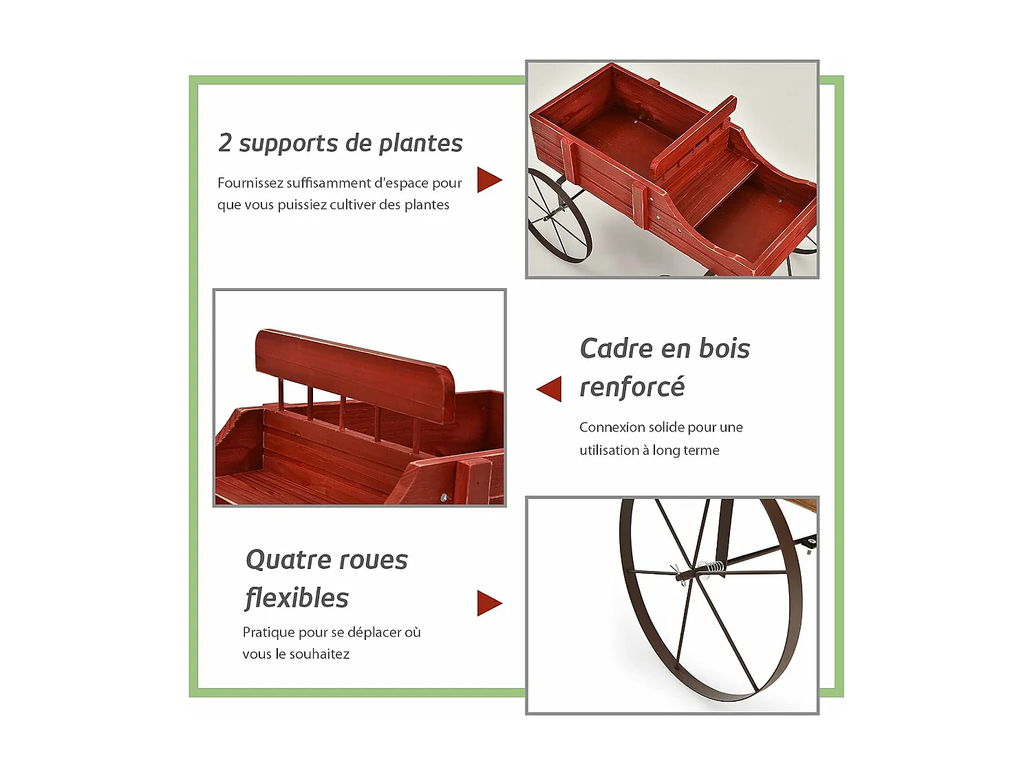Brouette Décorative en Bois avec 2 Compartiments à Planter Roues Métalliques Poignée Charge 15kg pour Cour（Rouge)