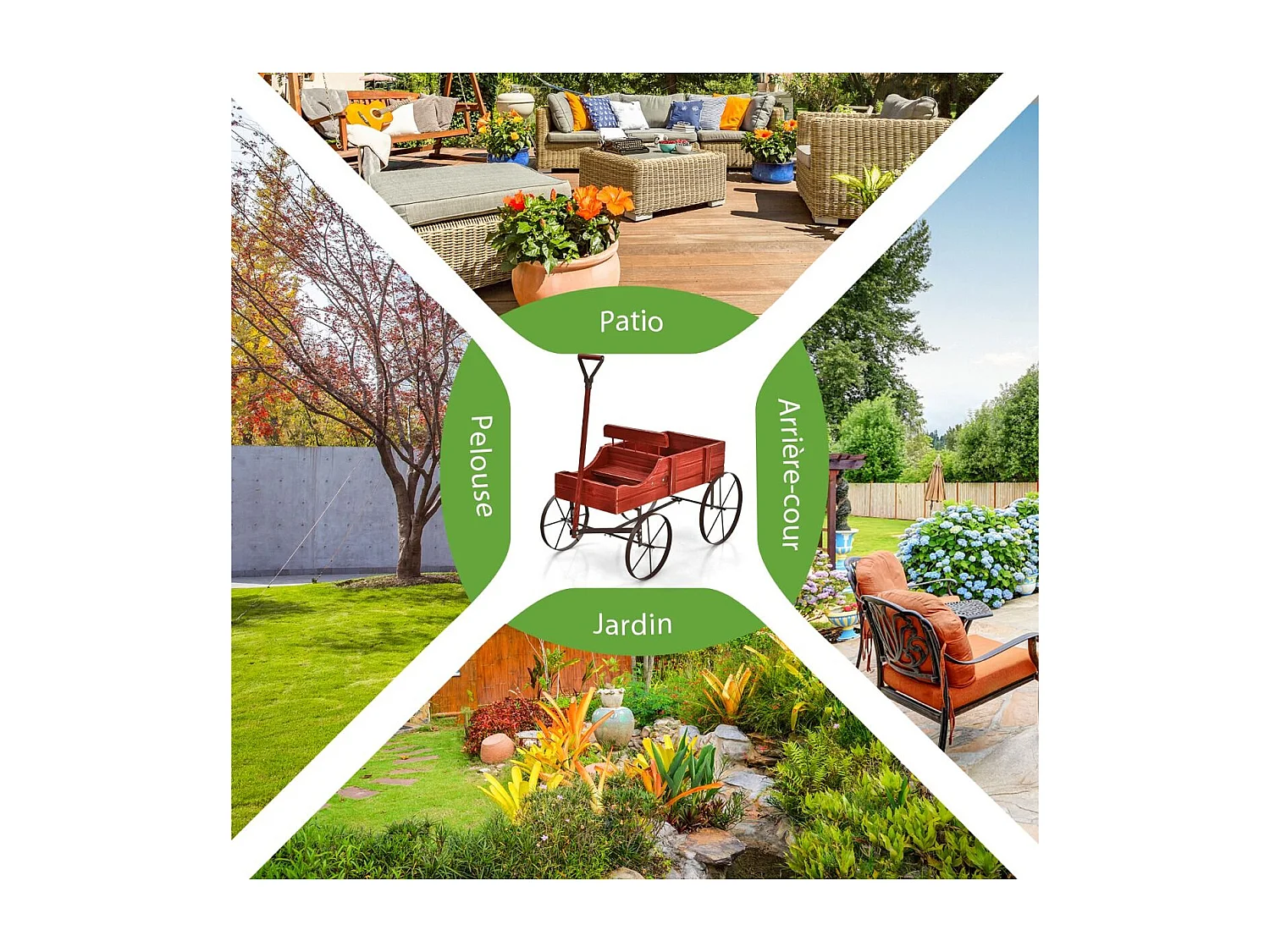 Brouette Décorative en Bois avec 2 Compartiments à Planter Roues Métalliques Poignée Charge 15kg pour Cour（Rouge)